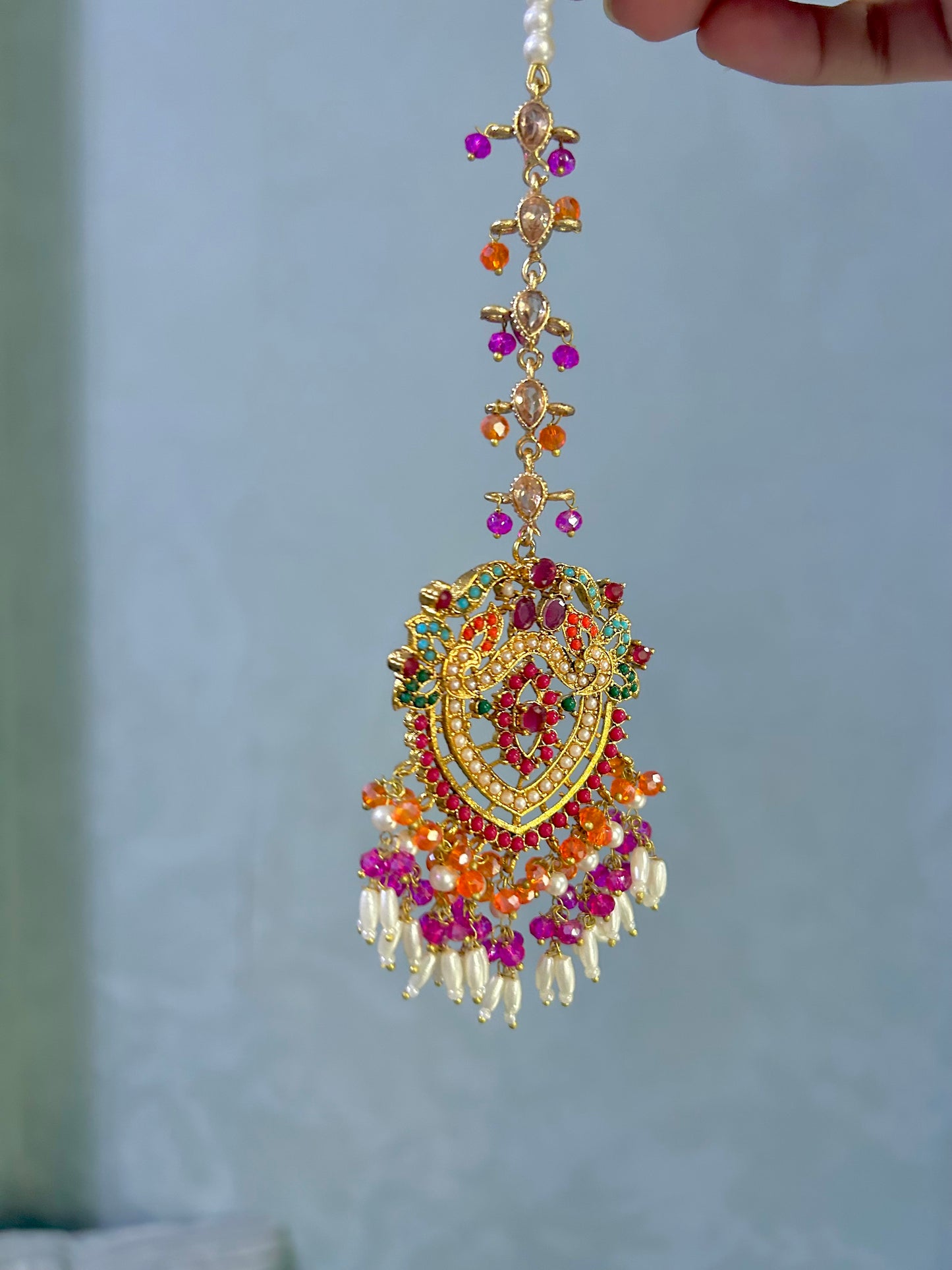 Hadia earring & tikka set ~Fuschia & Orange