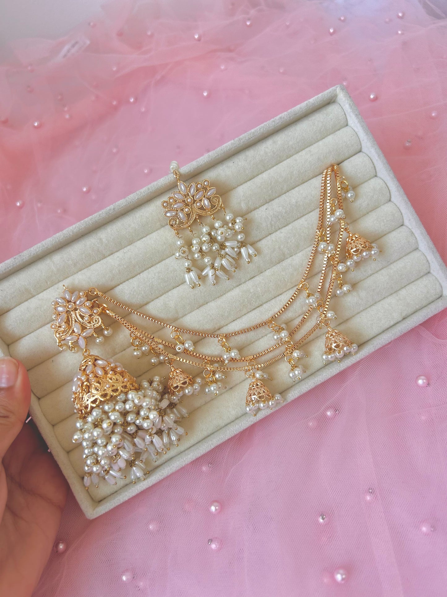 Qudsia earring & tikka set ~Pearl&champagne