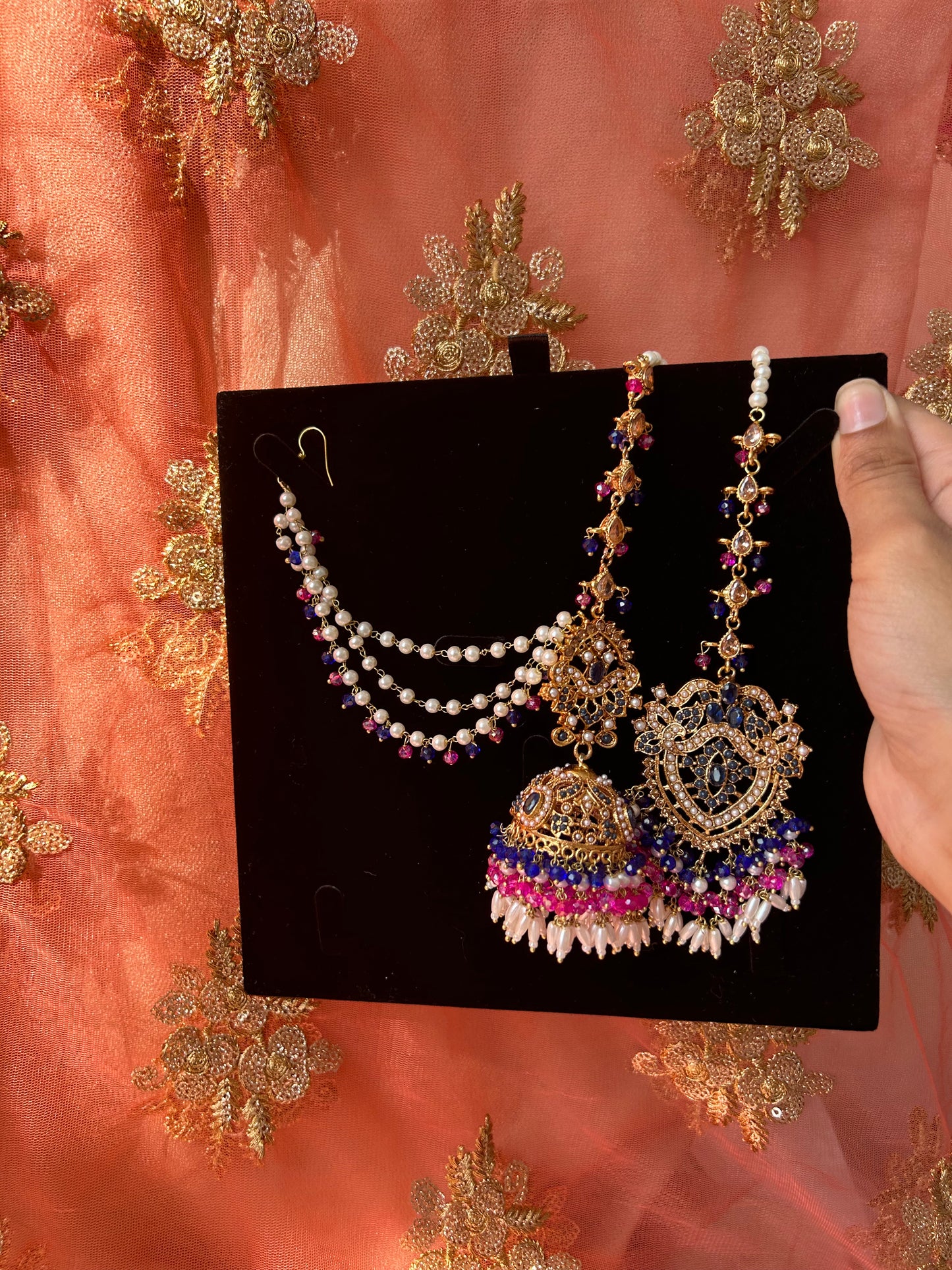 Hadia earring & tikka set ~ fuschia & royal blue