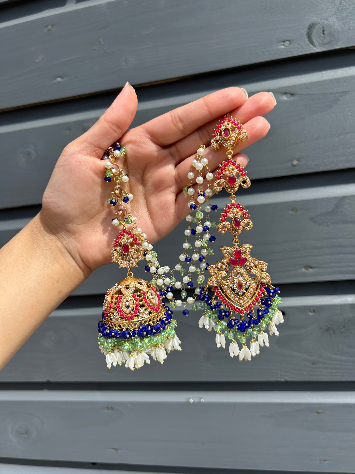 Natalia earring & tikka set~ Royal Blue, Green & Maroon with Gold