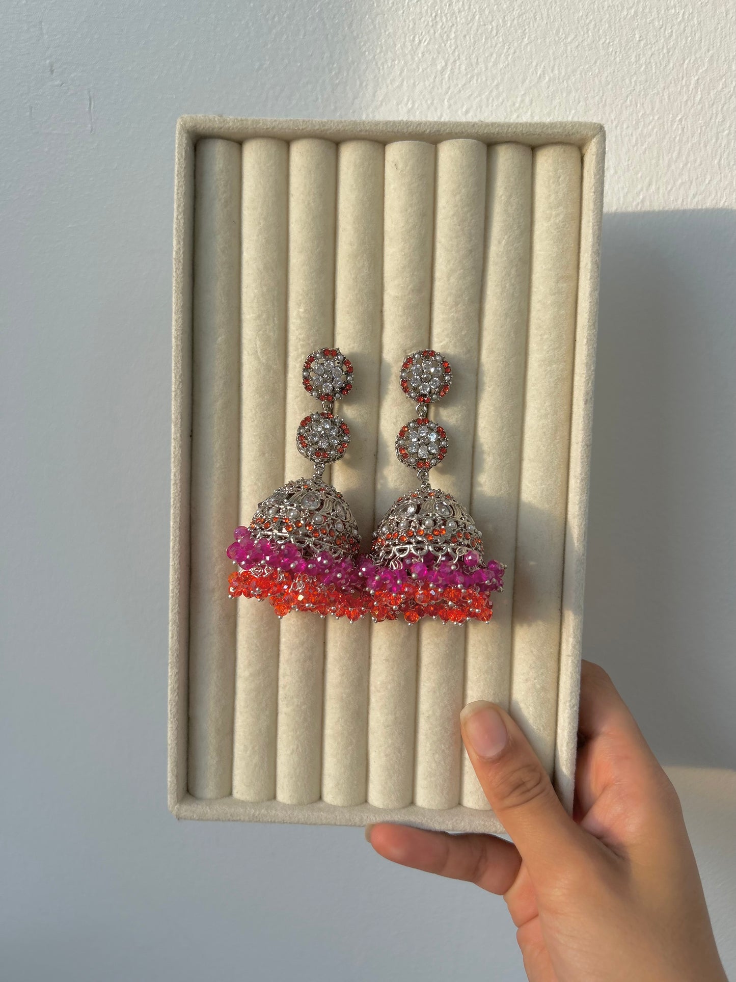 Nafeesa earrings ~ Silver, Orange & Pink