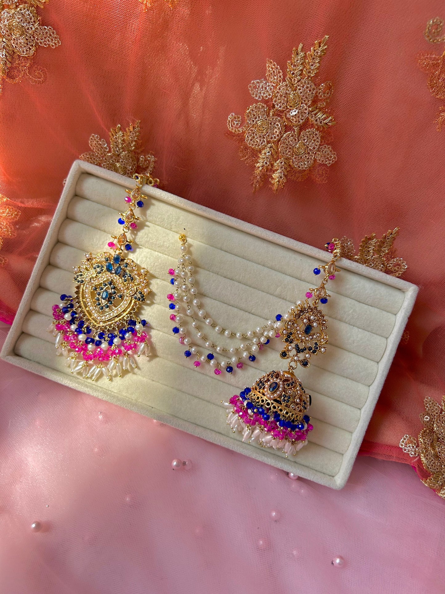 Hadia earring & tikka set ~ fuschia & royal blue