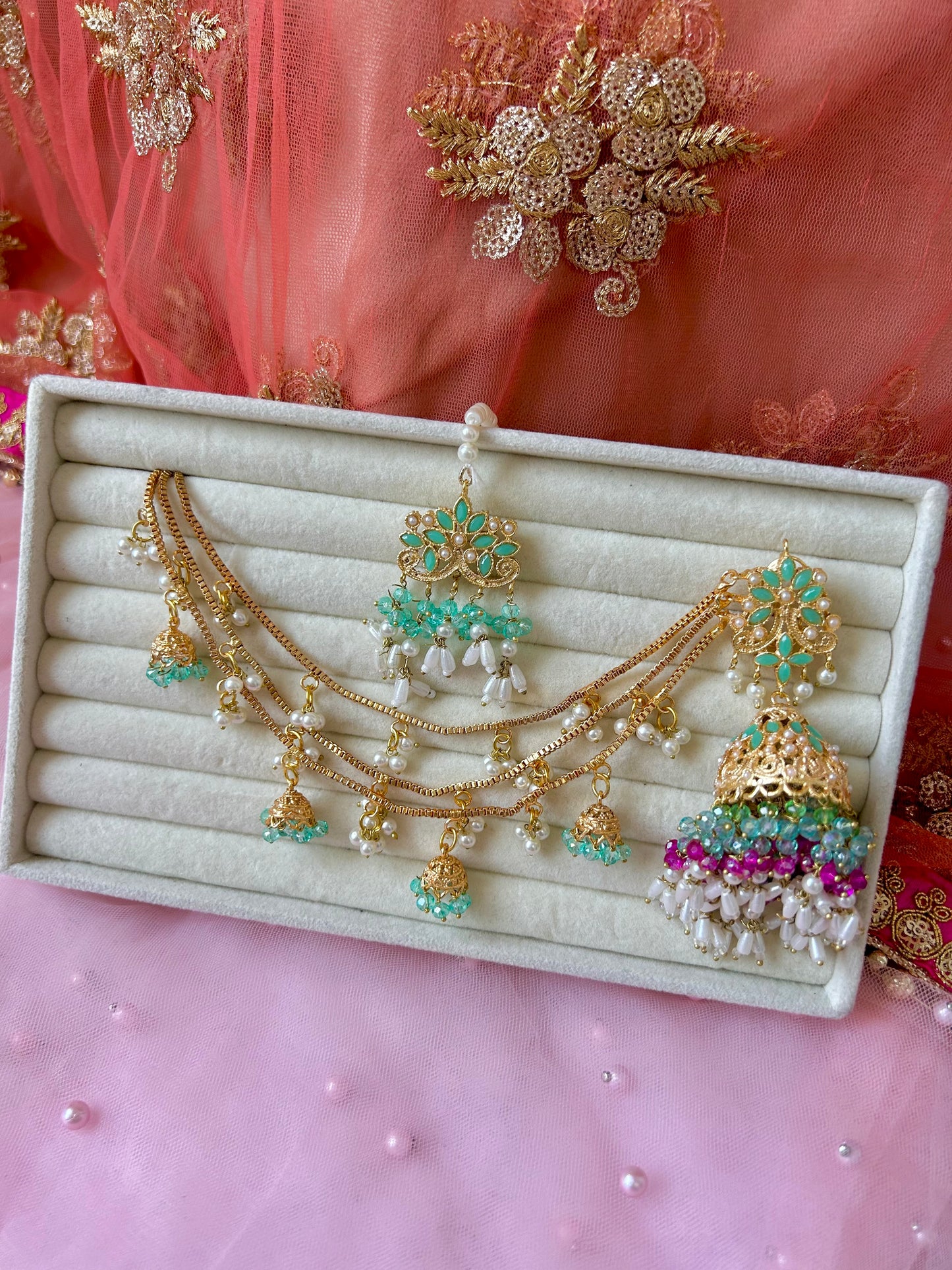 Qudsia earring & tikka set ~Mint & Pink