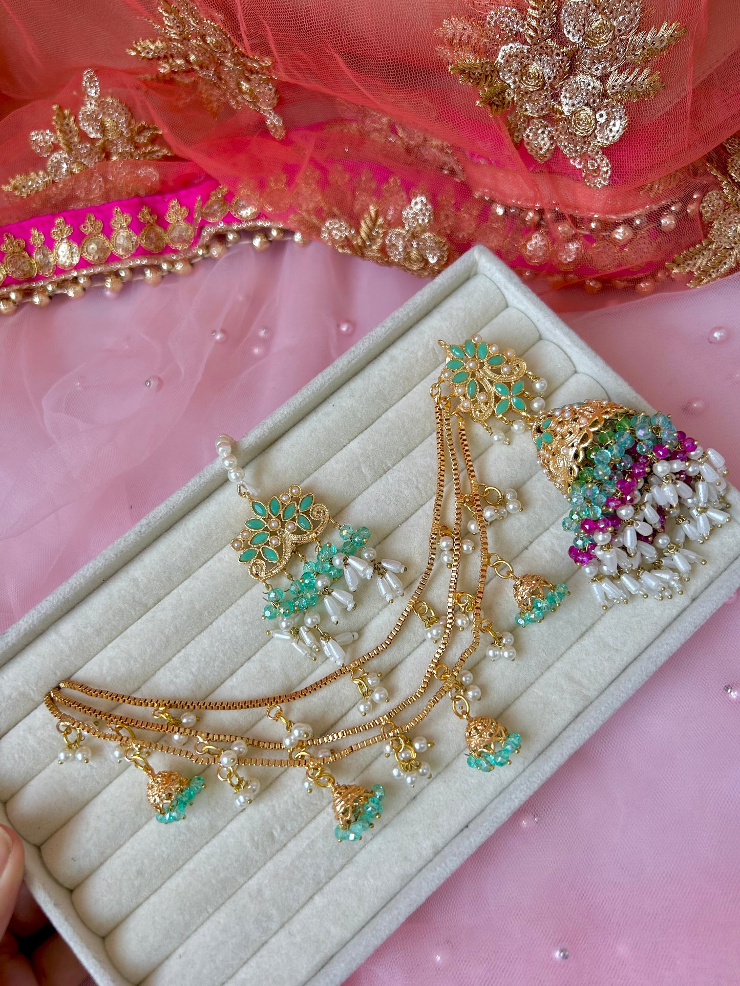 Qudsia earring & tikka set ~Mint & Pink