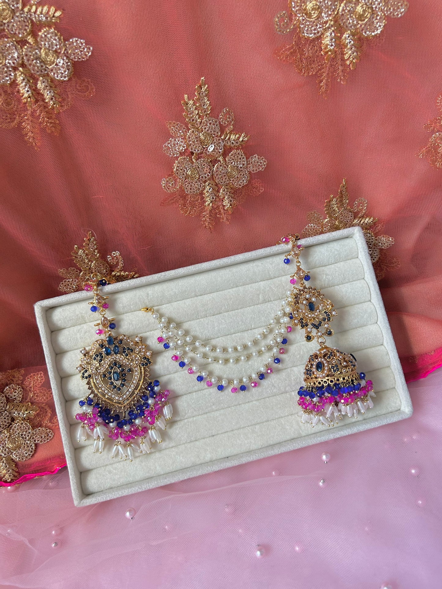 Hadia earring & tikka set ~ fuschia & royal blue