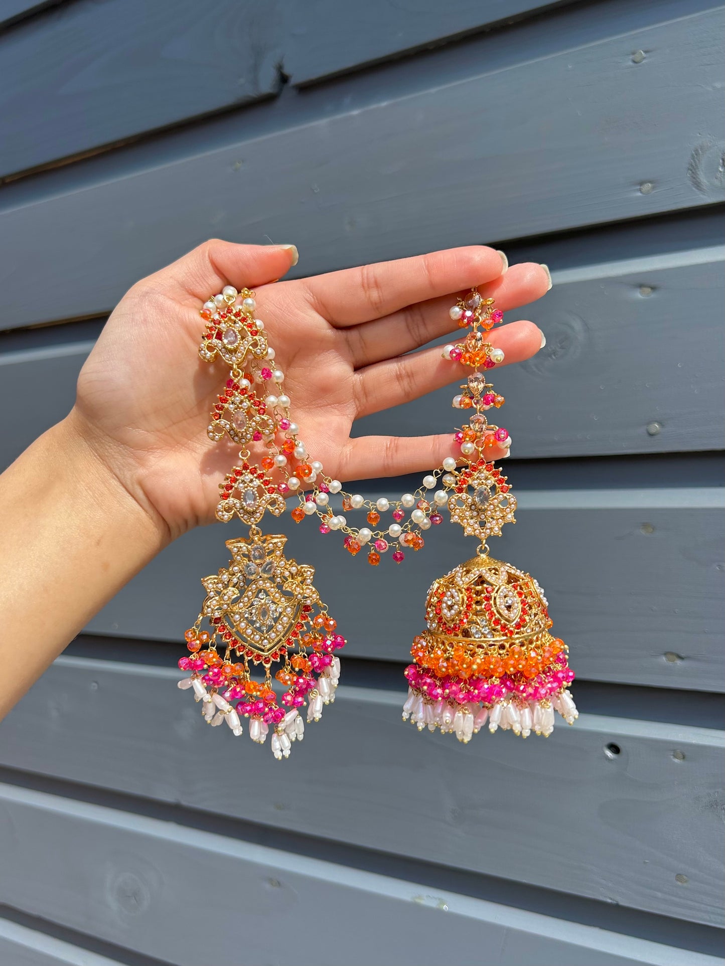 Natalia earring & tikka set ~Orange&Pink