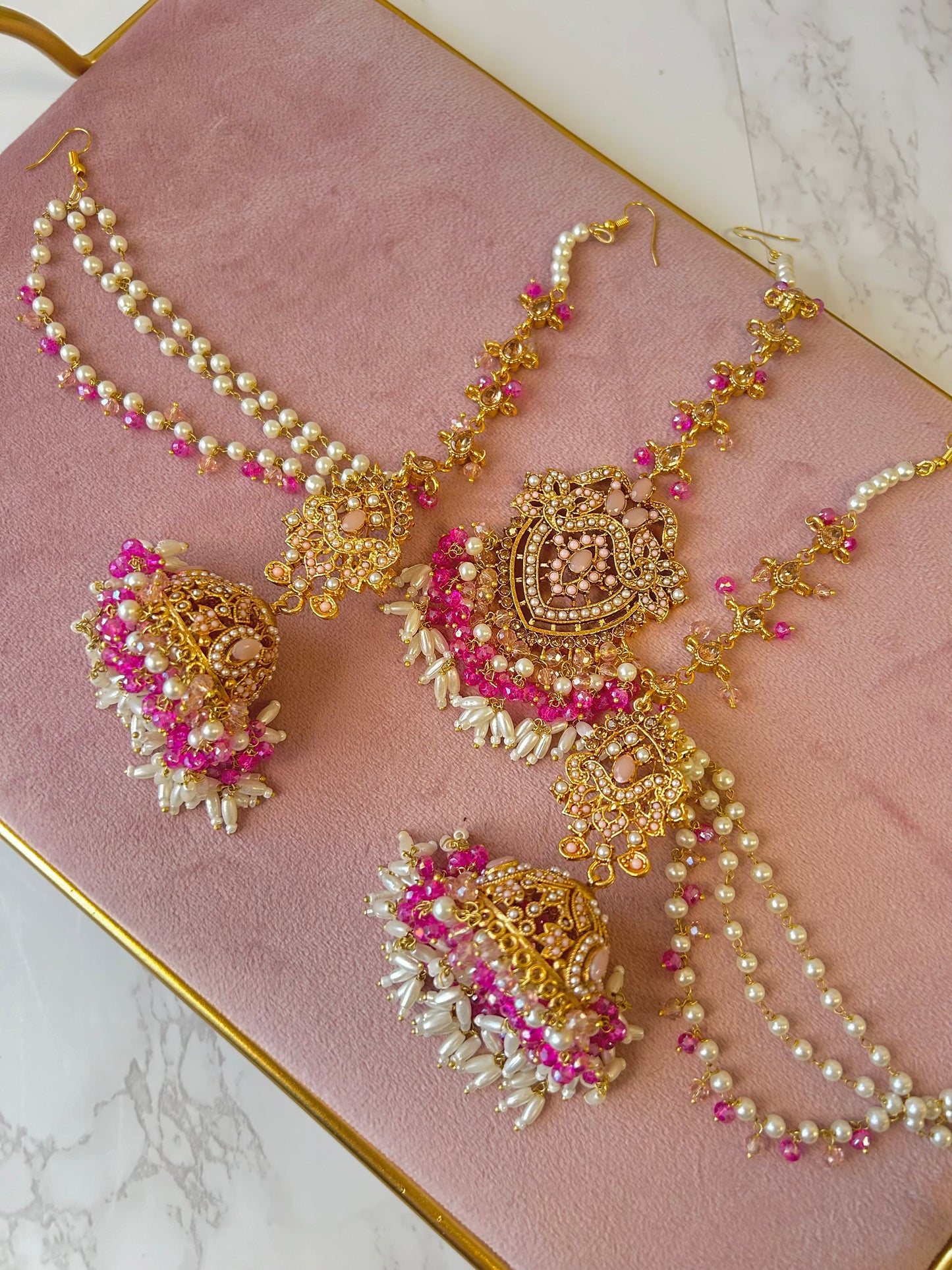 Hadia earring & tikka set ~ fuschia & pink