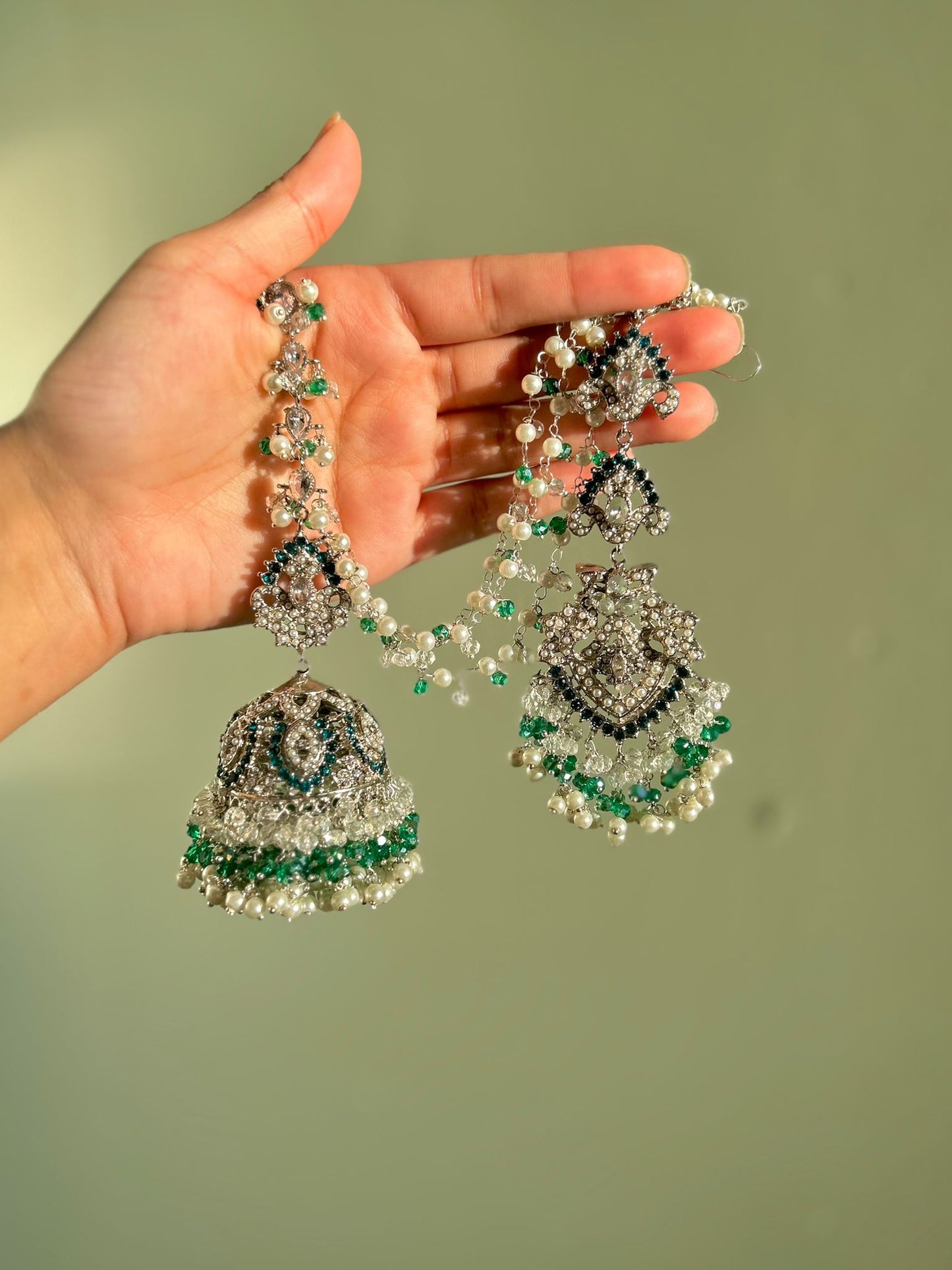 Natalia earring & tikka set ~ silver&blue-green shades