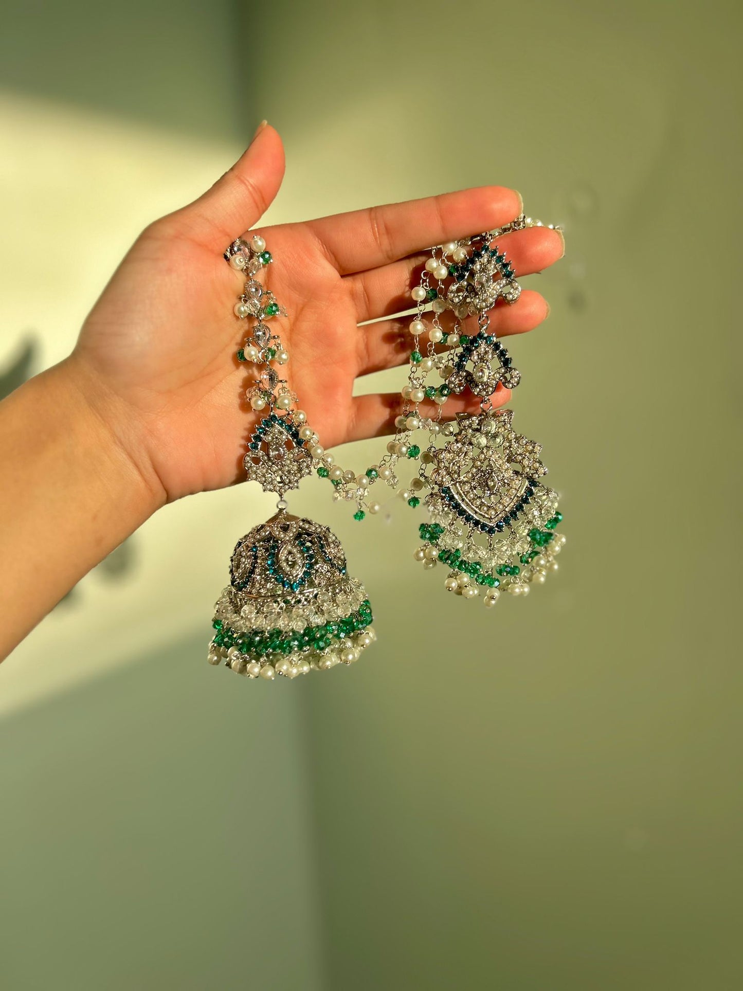 Natalia earring & tikka set ~ silver&blue-green shades