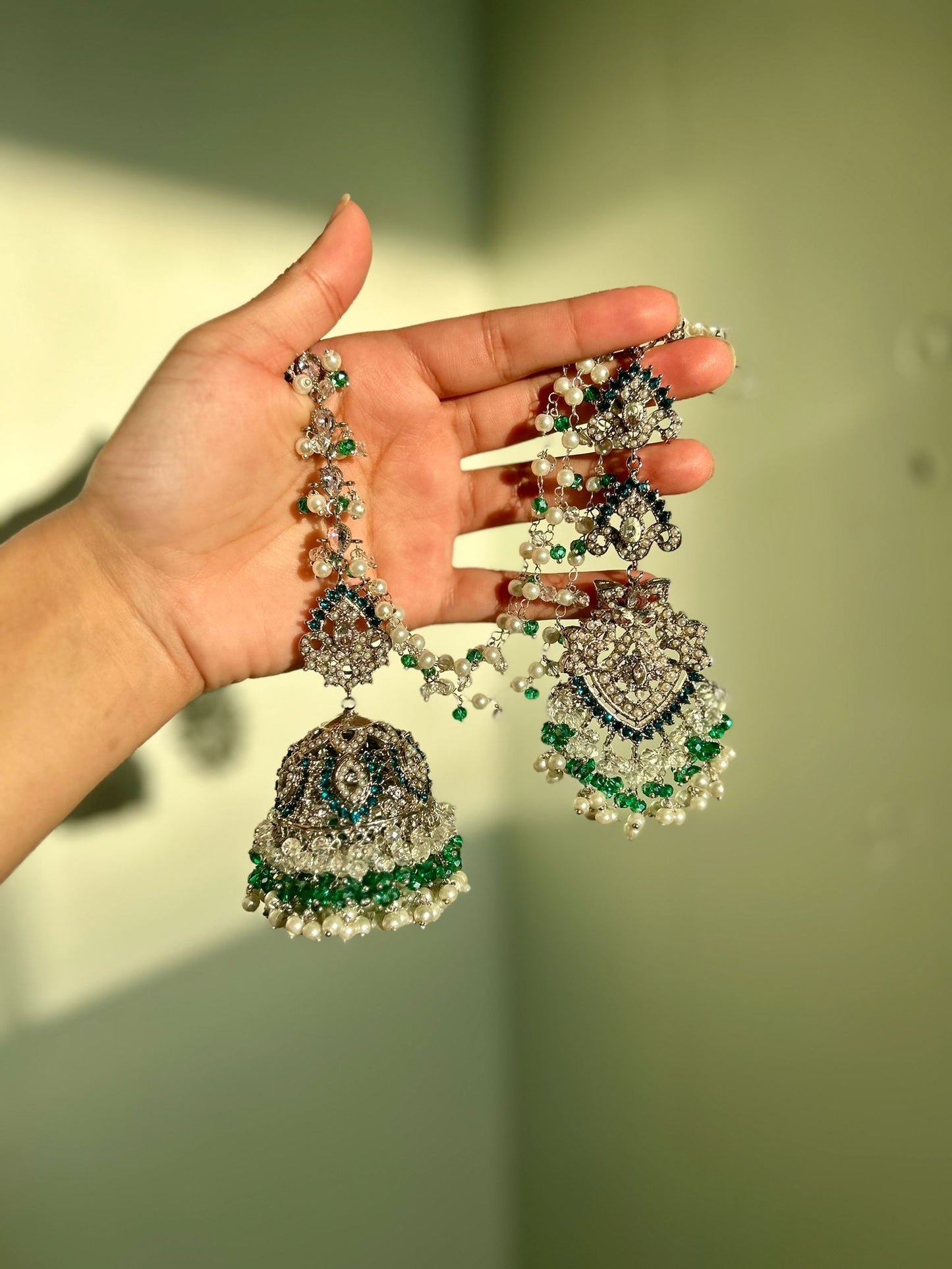 Natalia earring & tikka set ~ silver&blue-green shades