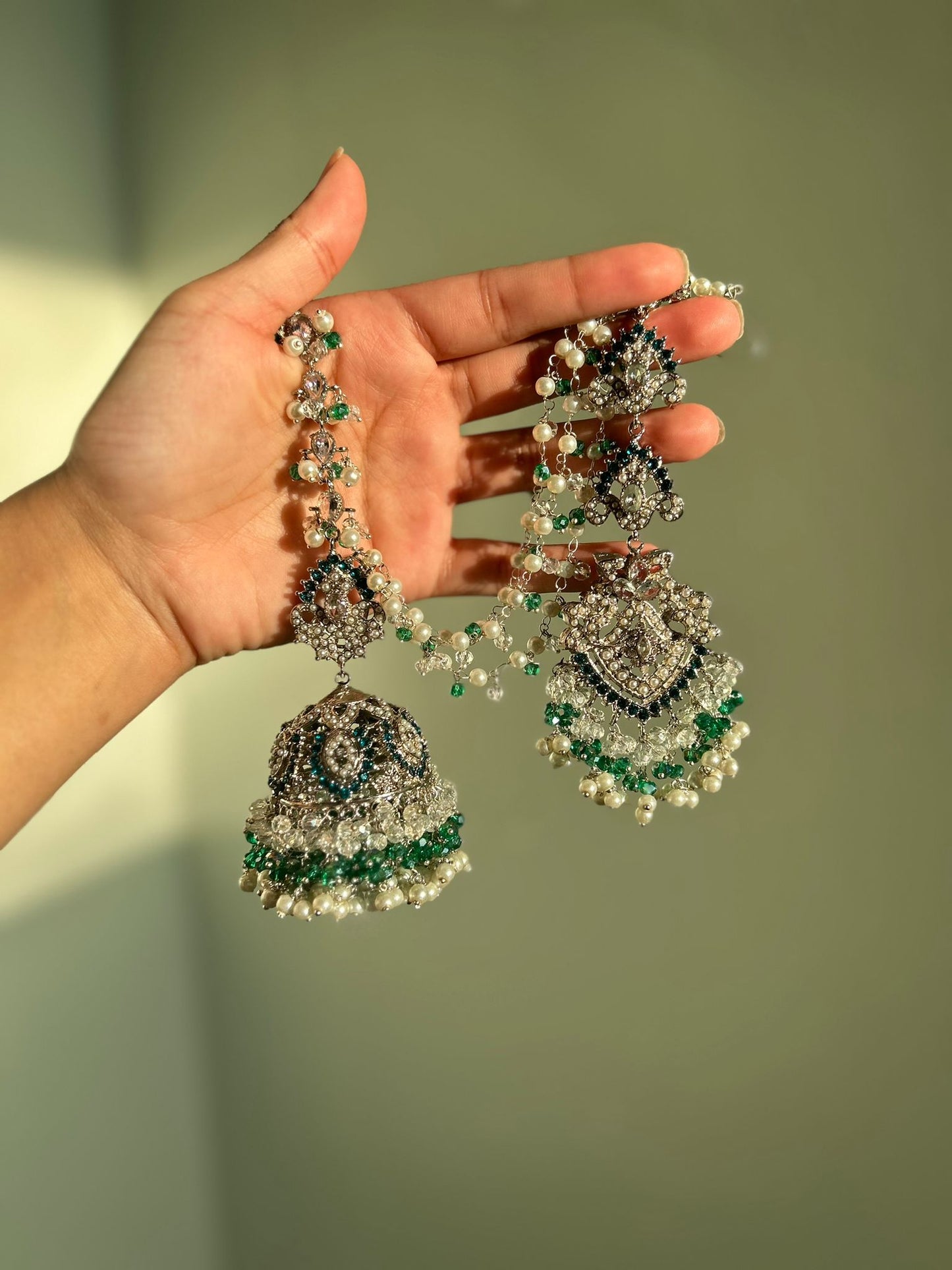 Natalia earring & tikka set ~ silver&blue-green shades