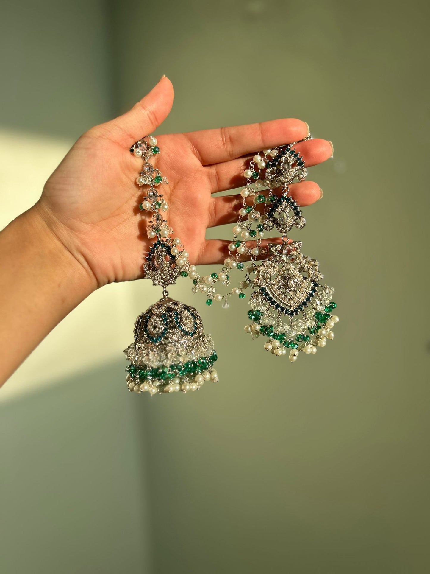 Natalia earring & tikka set ~ silver&blue-green shades