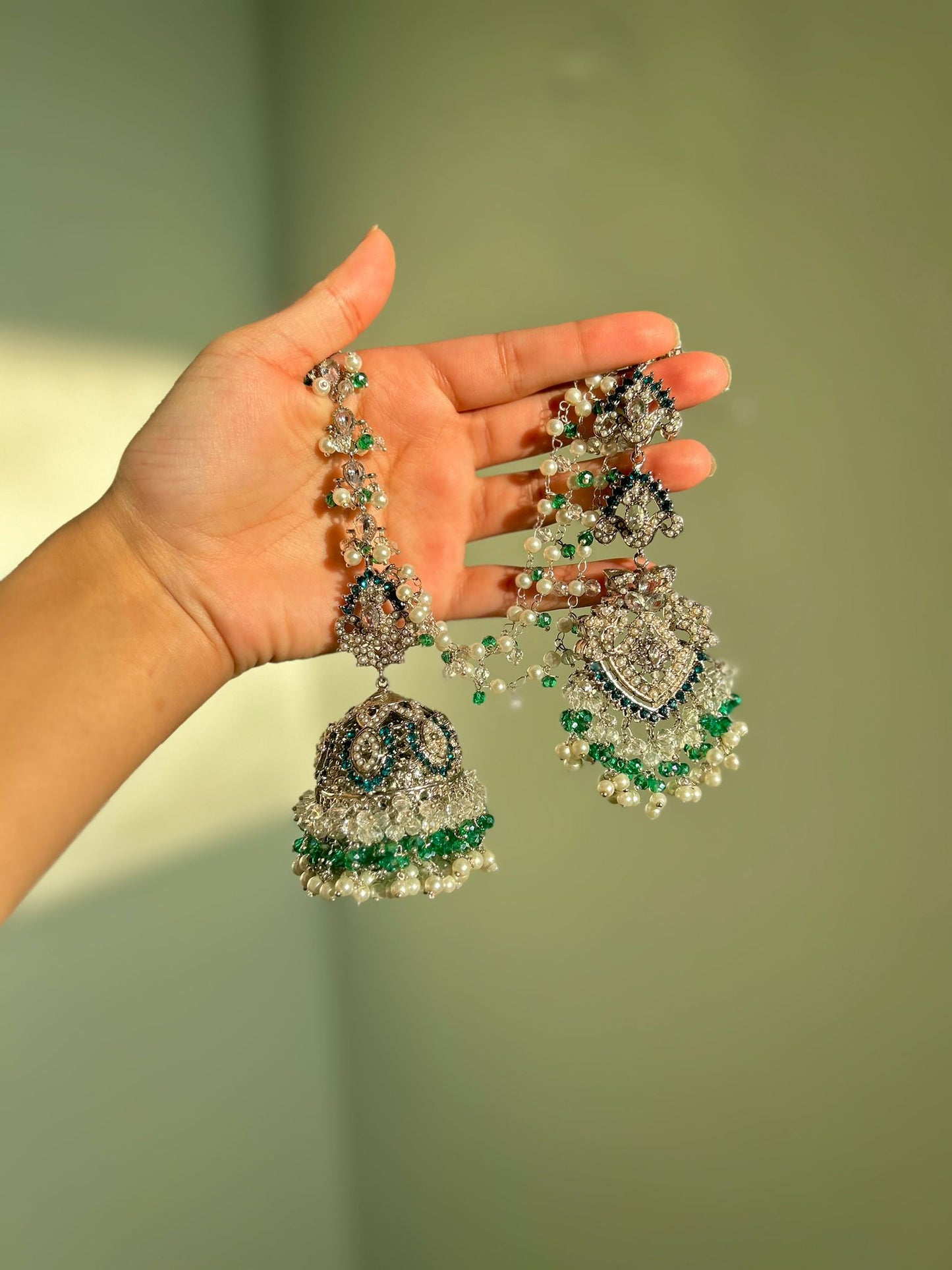 Natalia earring & tikka set ~ silver&blue-green shades