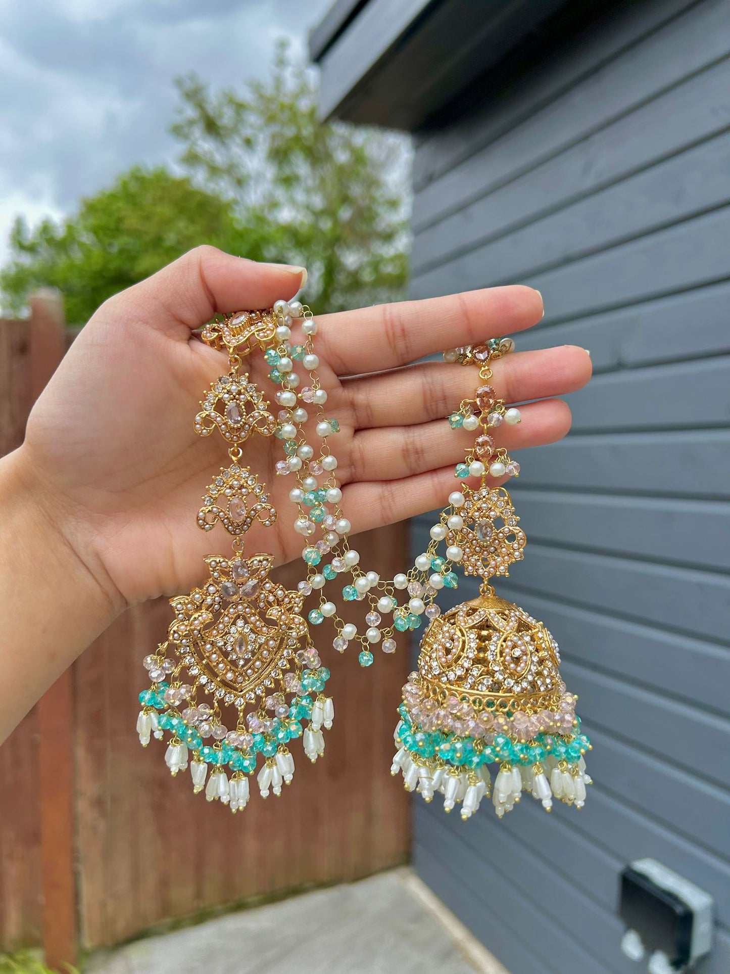 Natalia earring & tikka set ~ baby pink&aqua