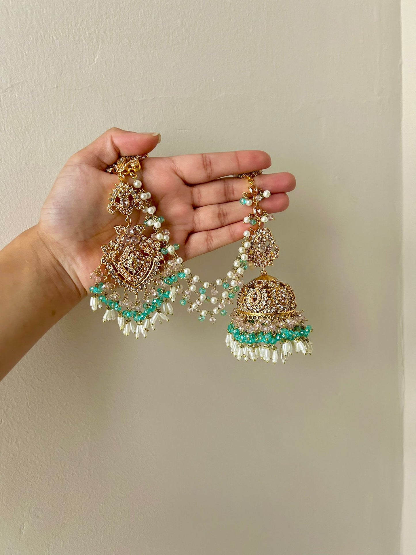 Natalia earring & tikka set ~ baby pink&aqua