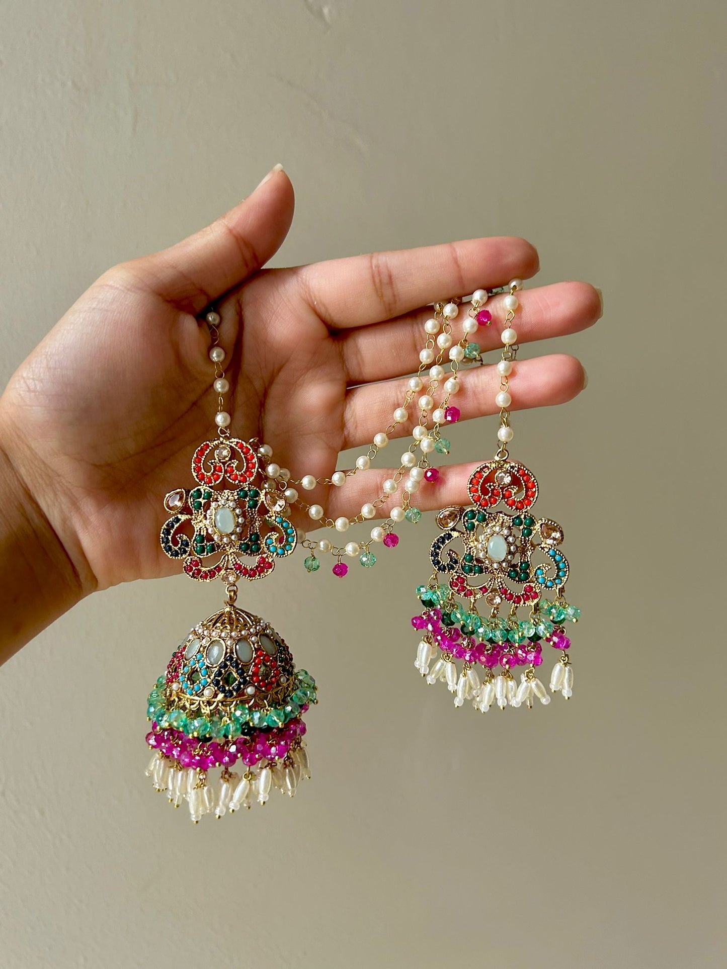 Amna earring & tikka set ~ Aqua&Fuschia