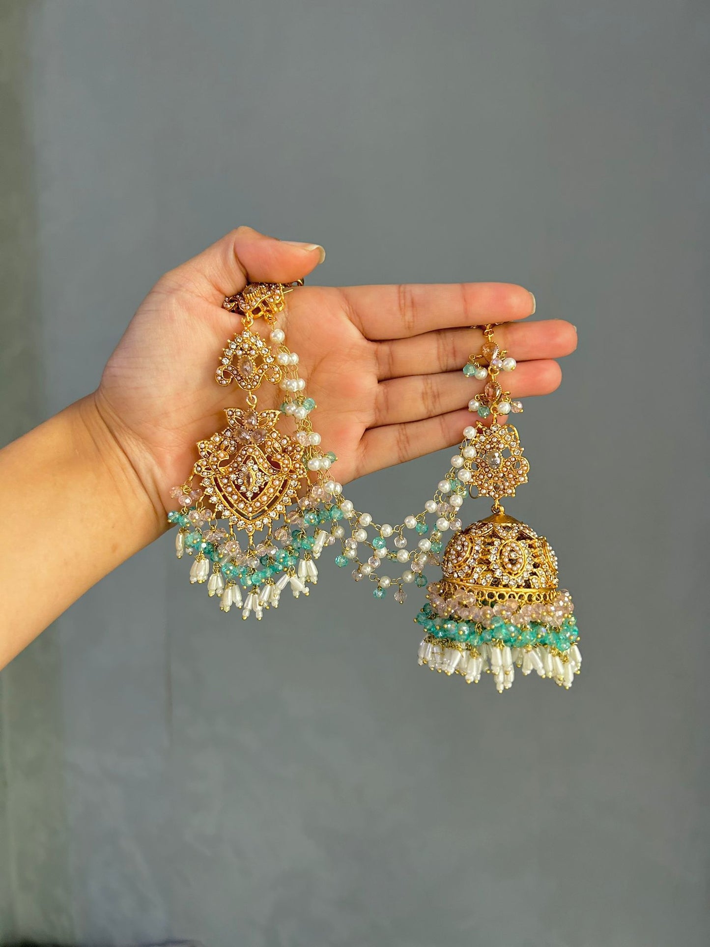 Natalia earring & tikka set ~ baby pink&aqua