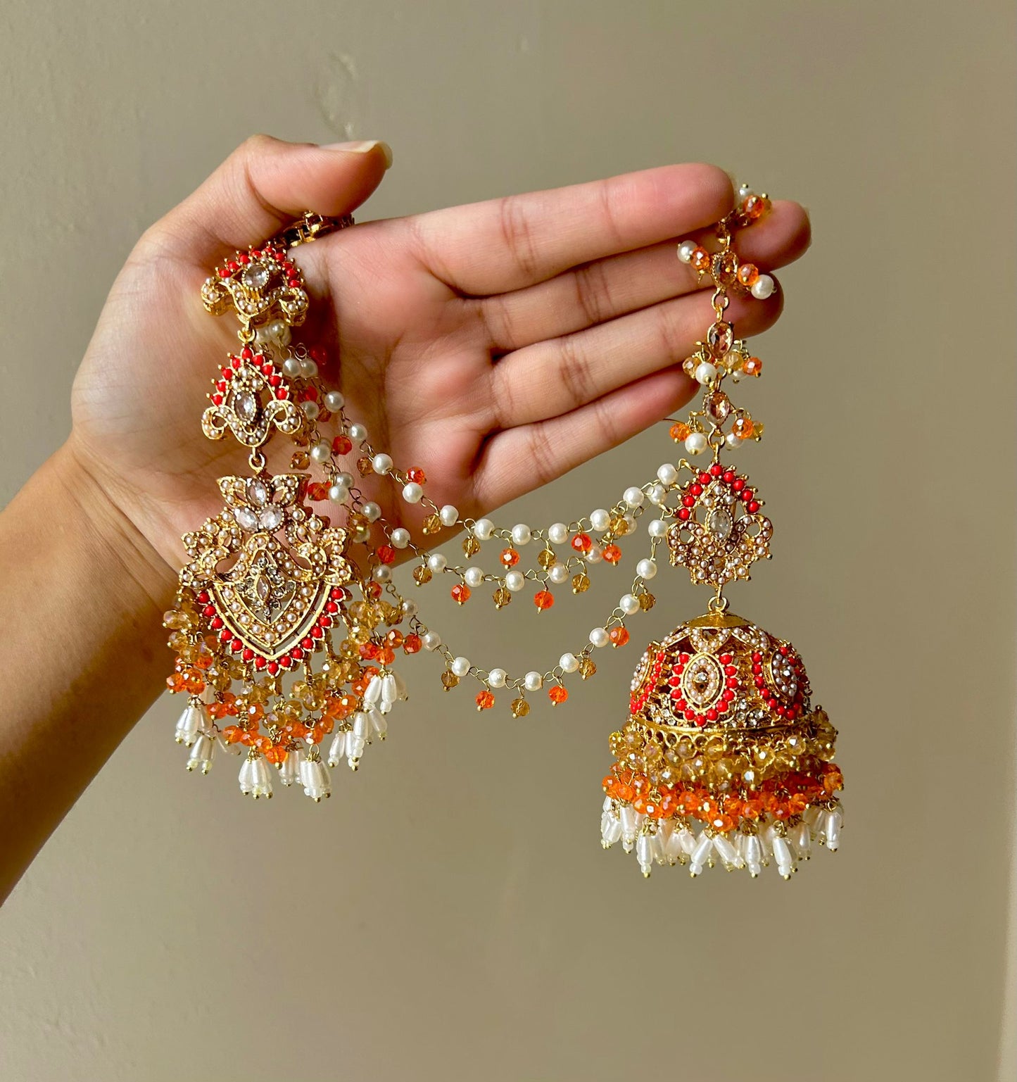 Natalia earring & tikka set ~ orange&red