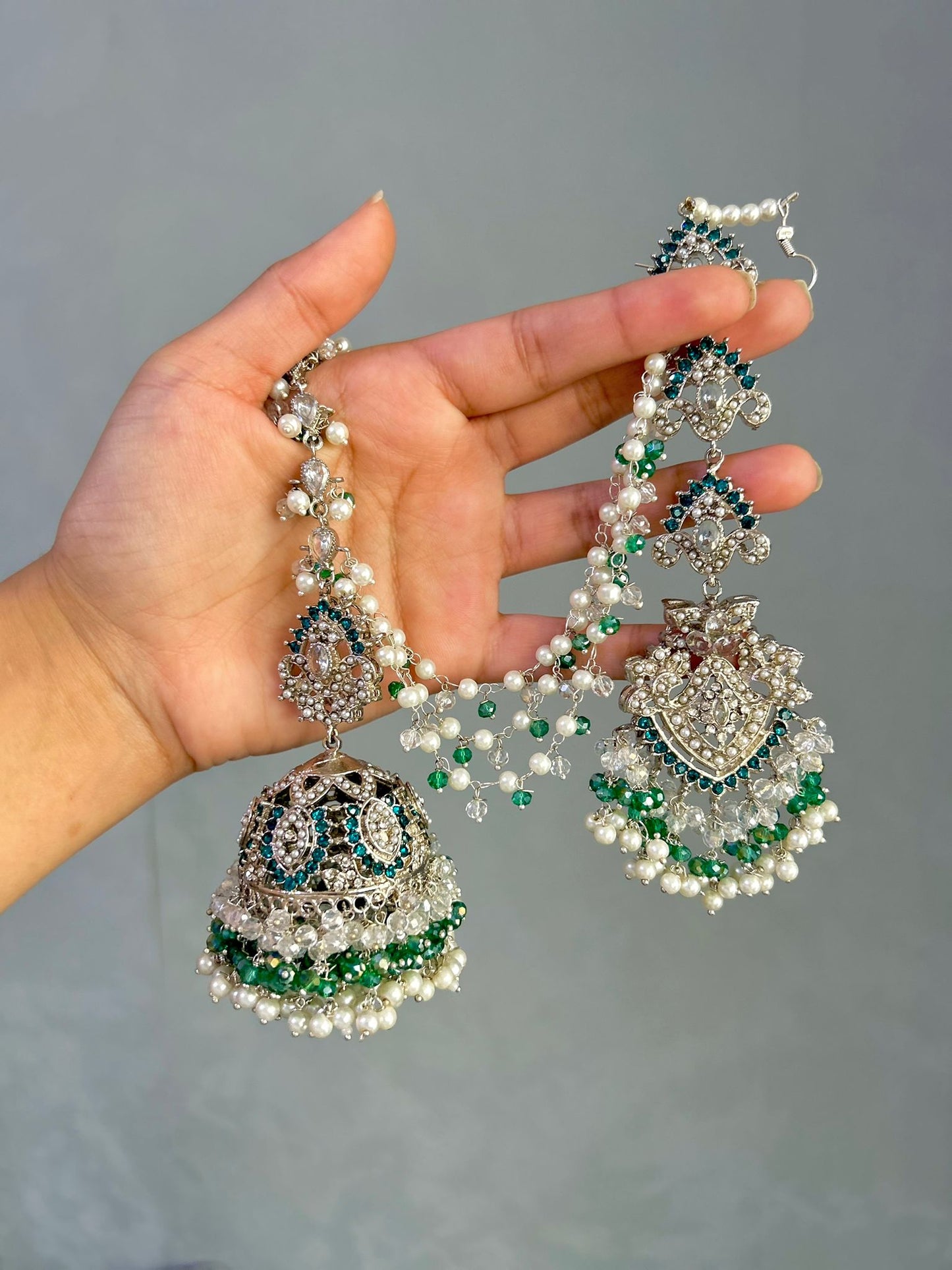 Natalia earring & tikka set ~ silver&blue-green shades