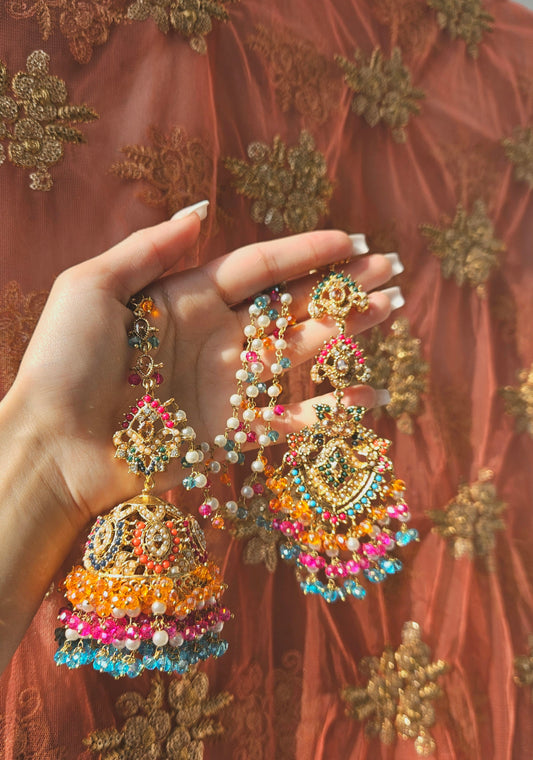 Natalia earring & tikka set ~ Orange, Pink & Blue multi