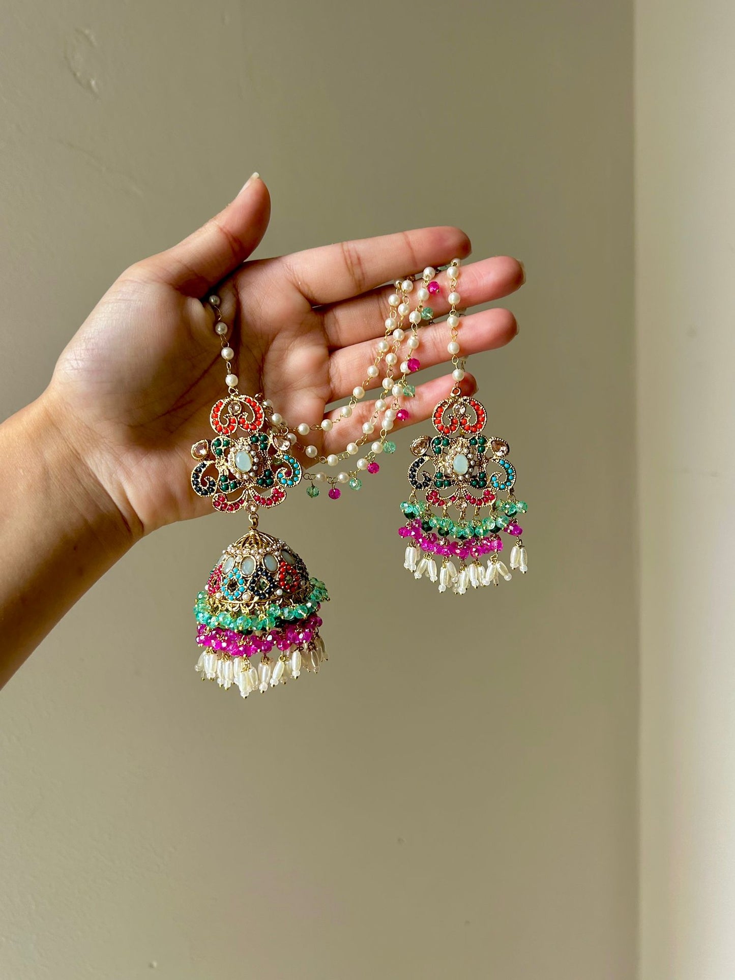 Amna earring & tikka set ~ Aqua&Fuschia