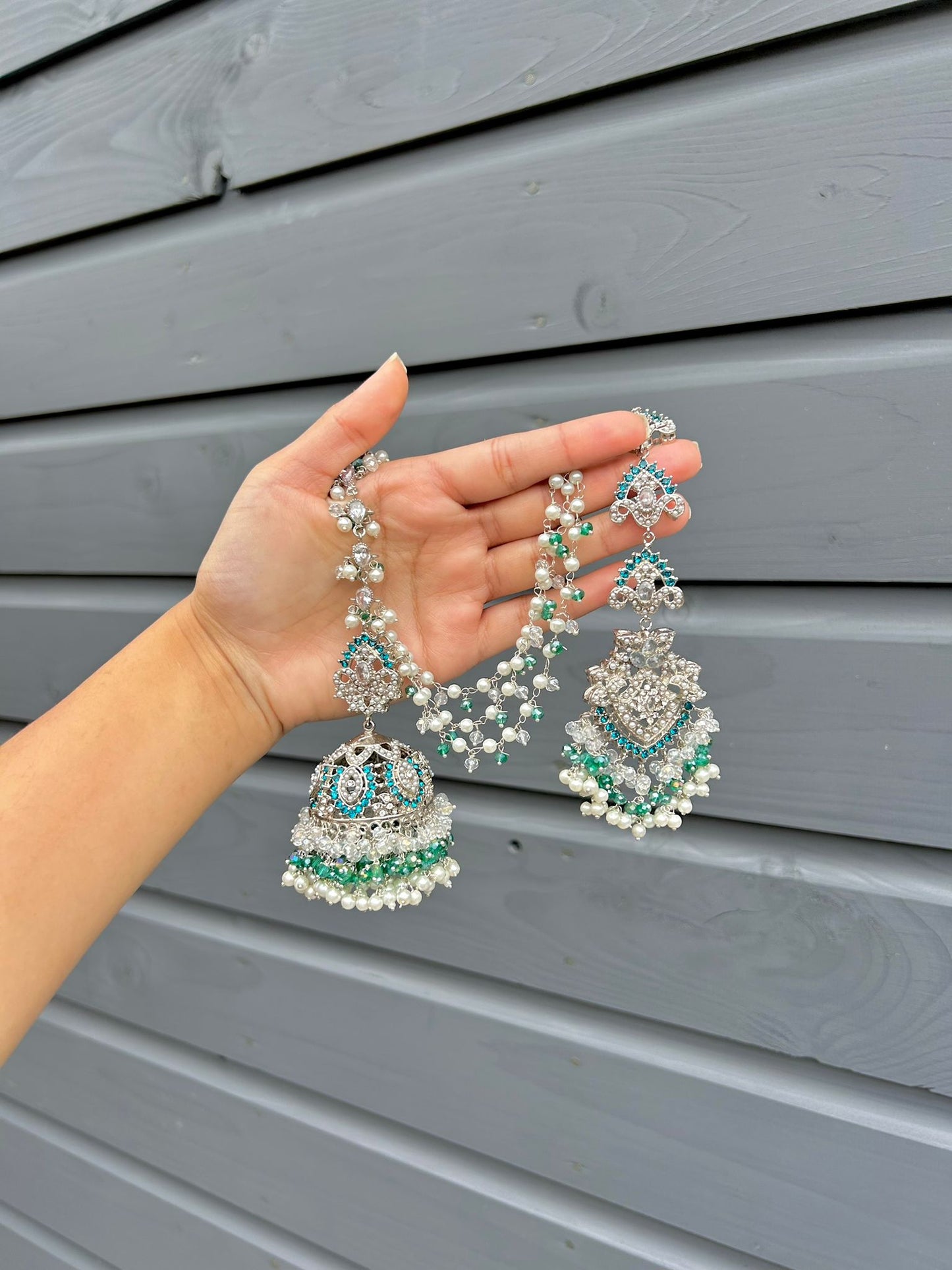 Natalia earring & tikka set ~ silver&blue-green shades