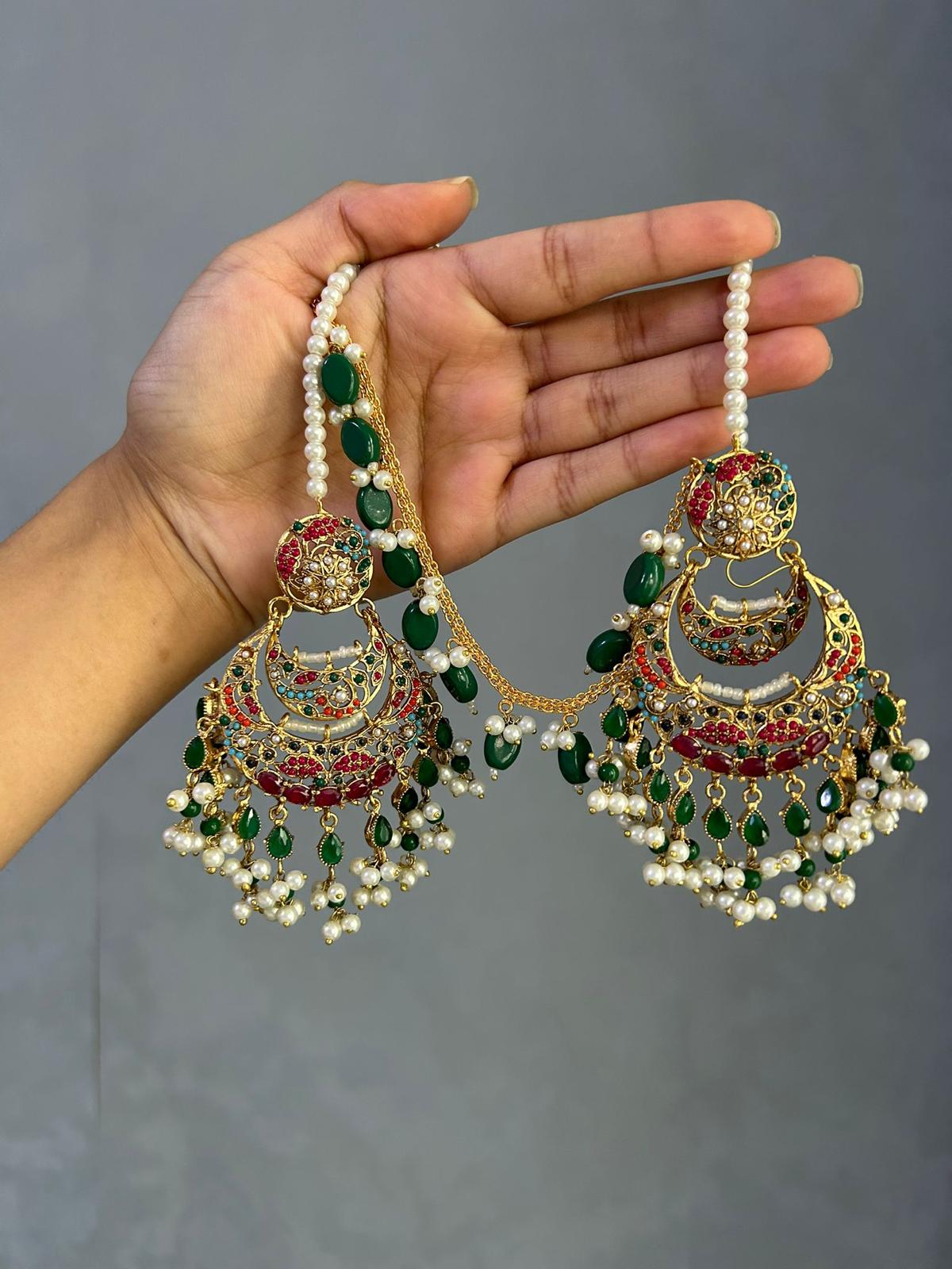 Zayna earring & tikka set ~ green