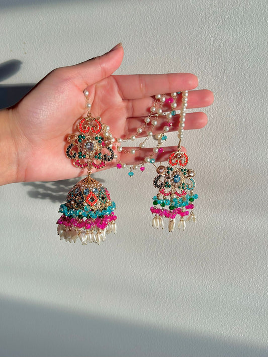 Amna earring & tikka set ~ Blue&Fuschia