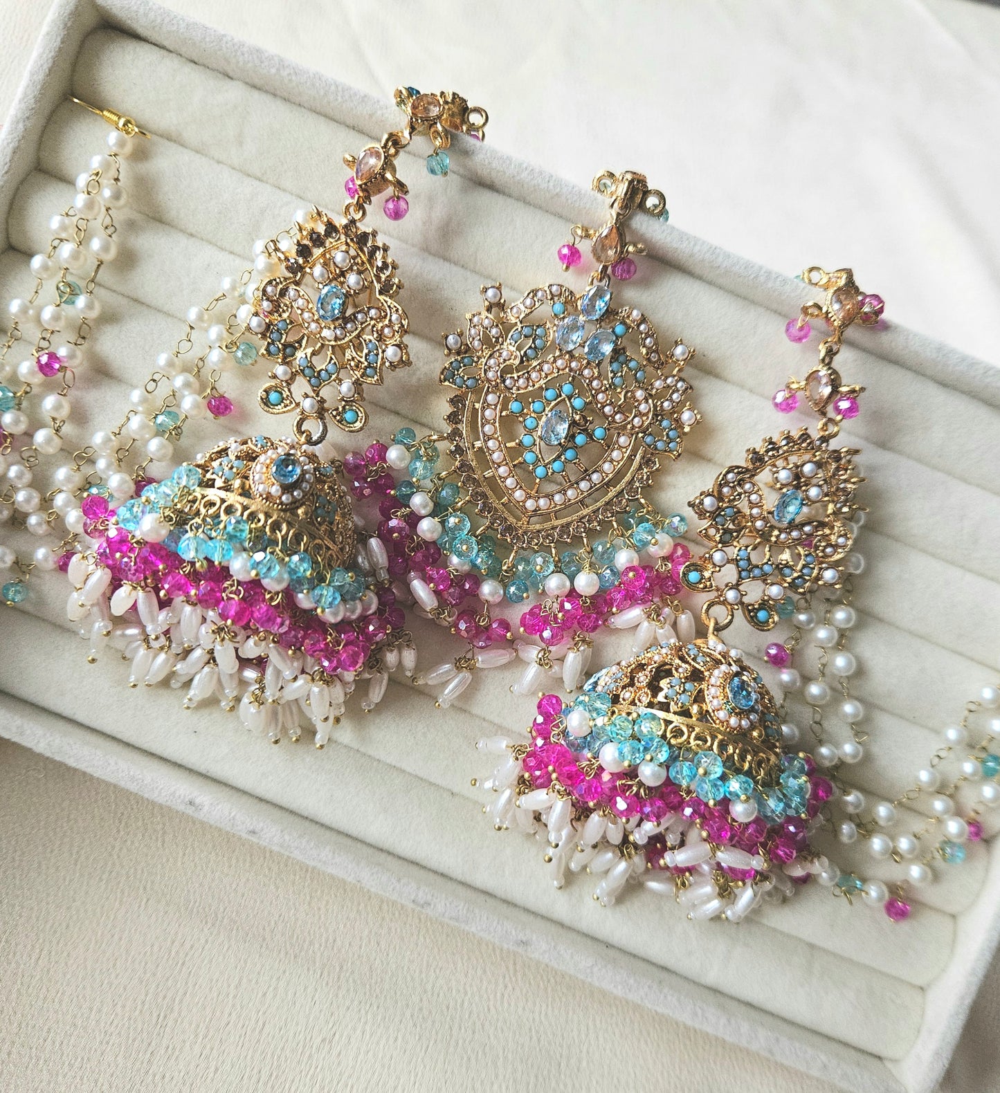 Hadia earring & tikka set ~ Fuschia & blue