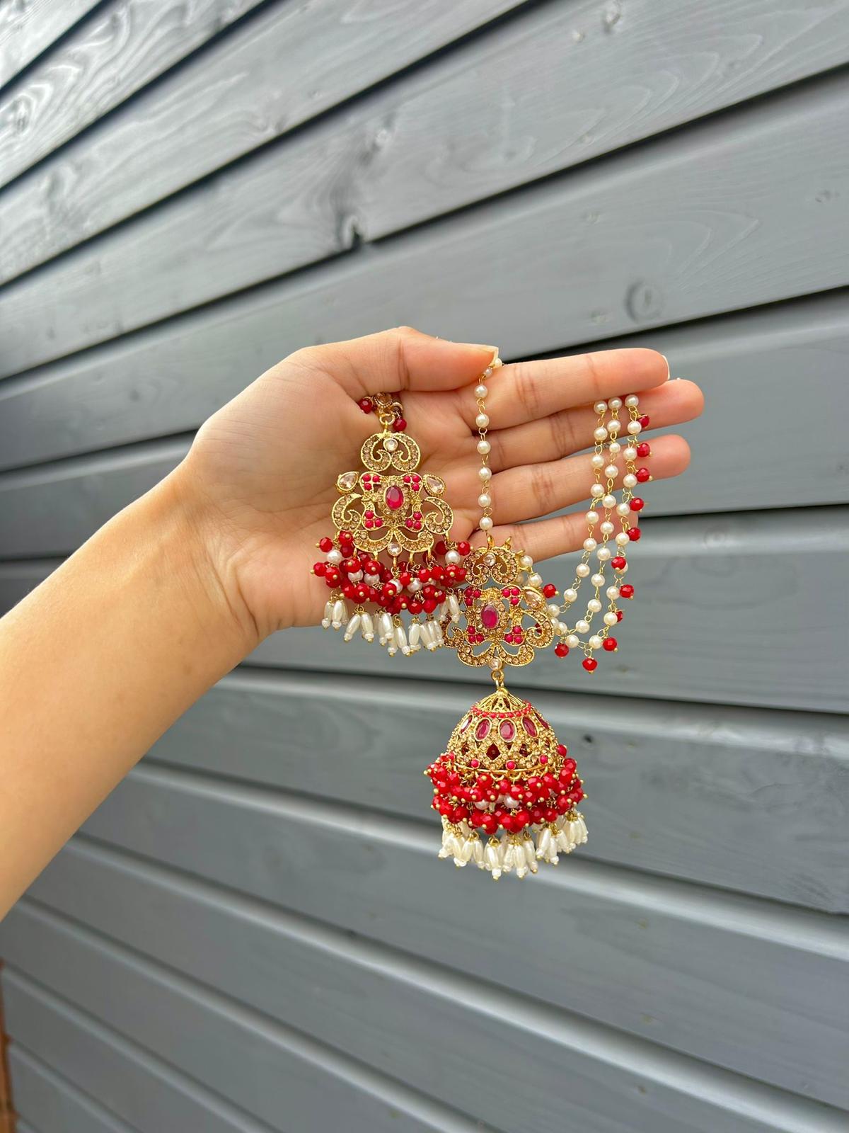 Amna earring & tikka set ~ Red