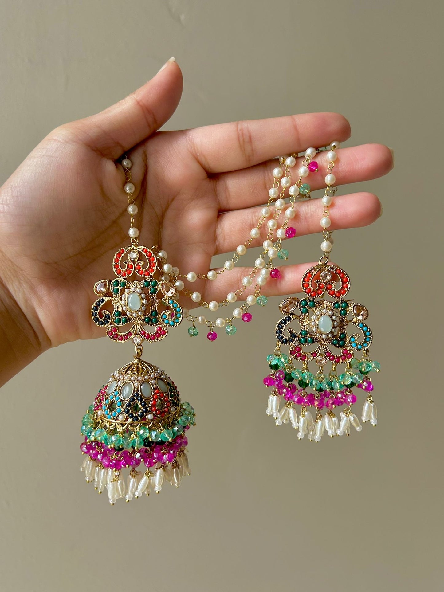 Amna earring & tikka set ~ Aqua&Fuschia