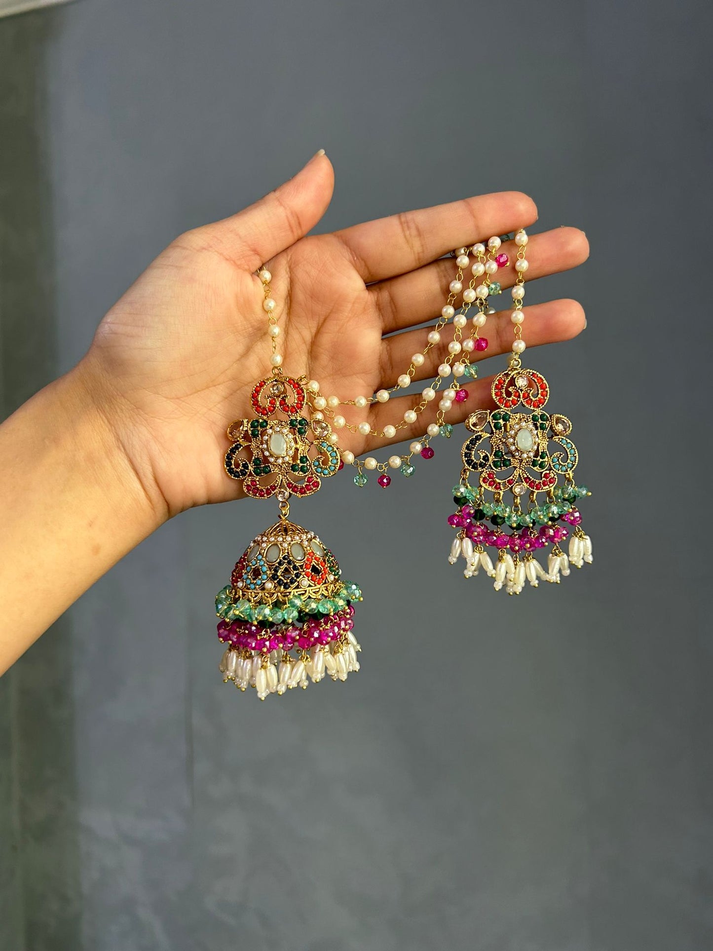 Amna earring & tikka set ~ Aqua&Fuschia