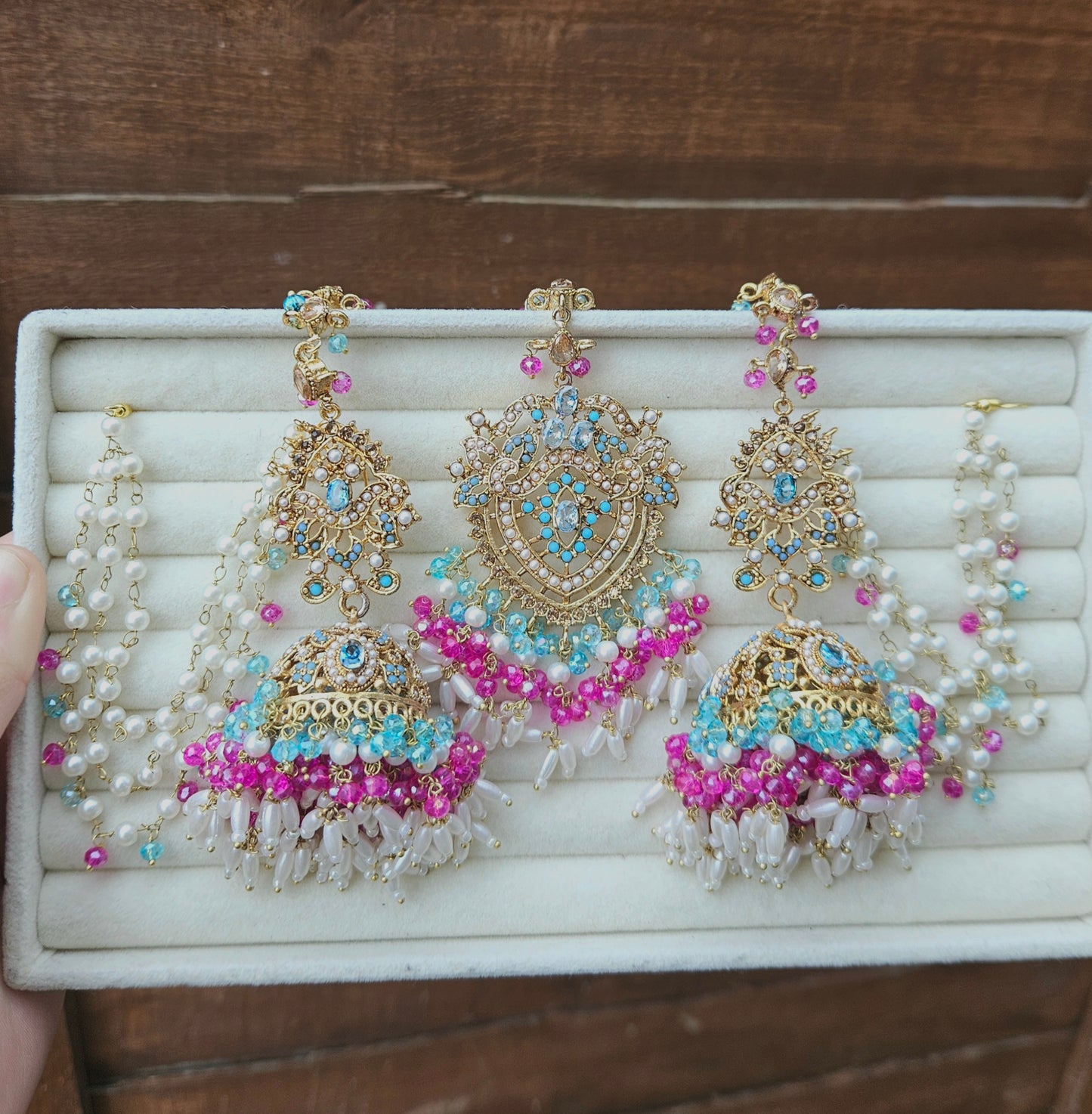 Hadia earring & tikka set ~ Fuschia & blue