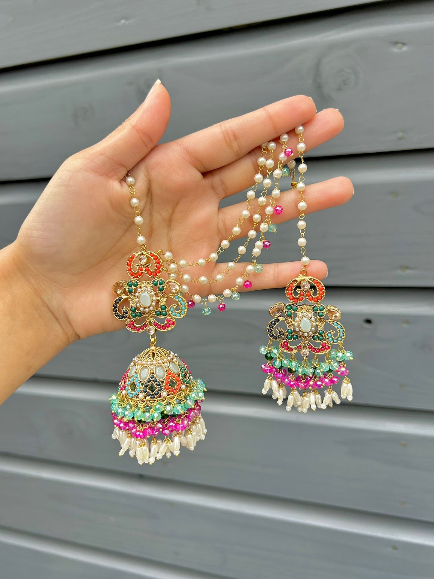 Amna earring & tikka set ~ Aqua&Fuschia