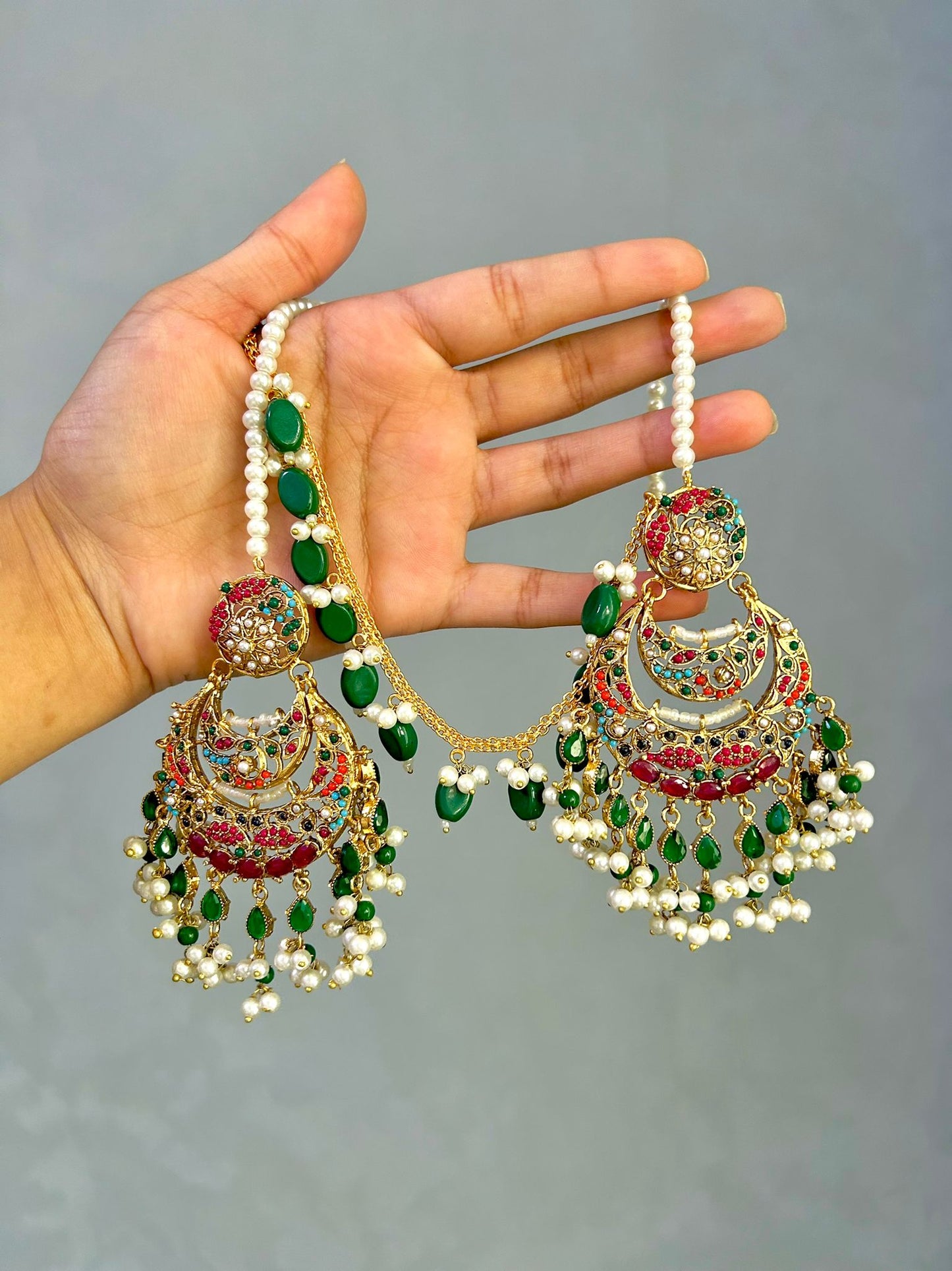 Zayna earring & tikka set ~ green