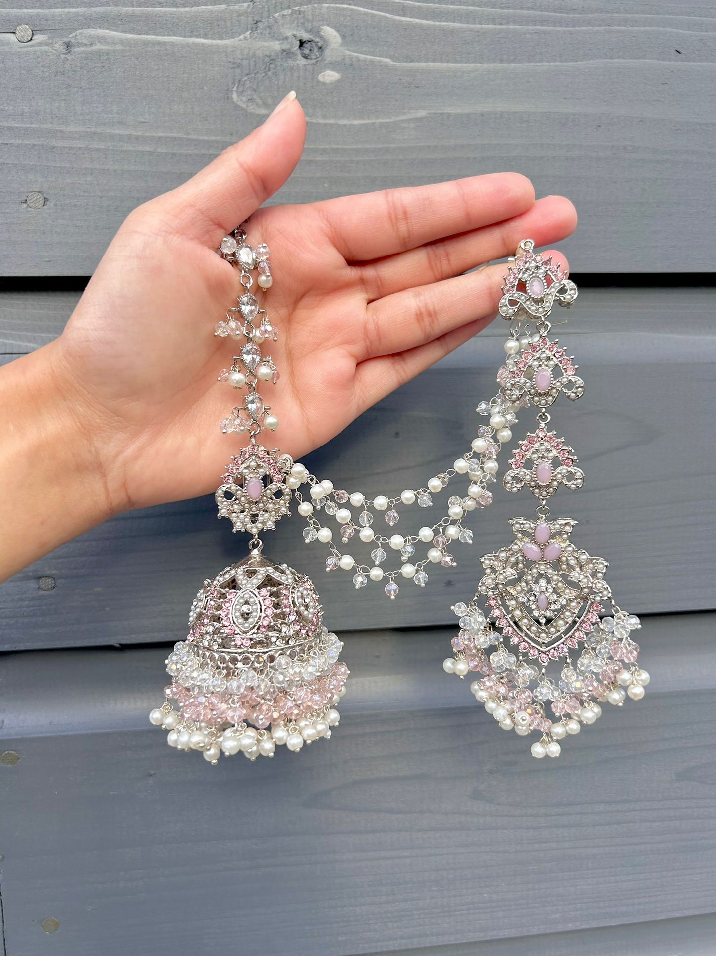 Natalia earring & tikka set ~ silver&baby pink