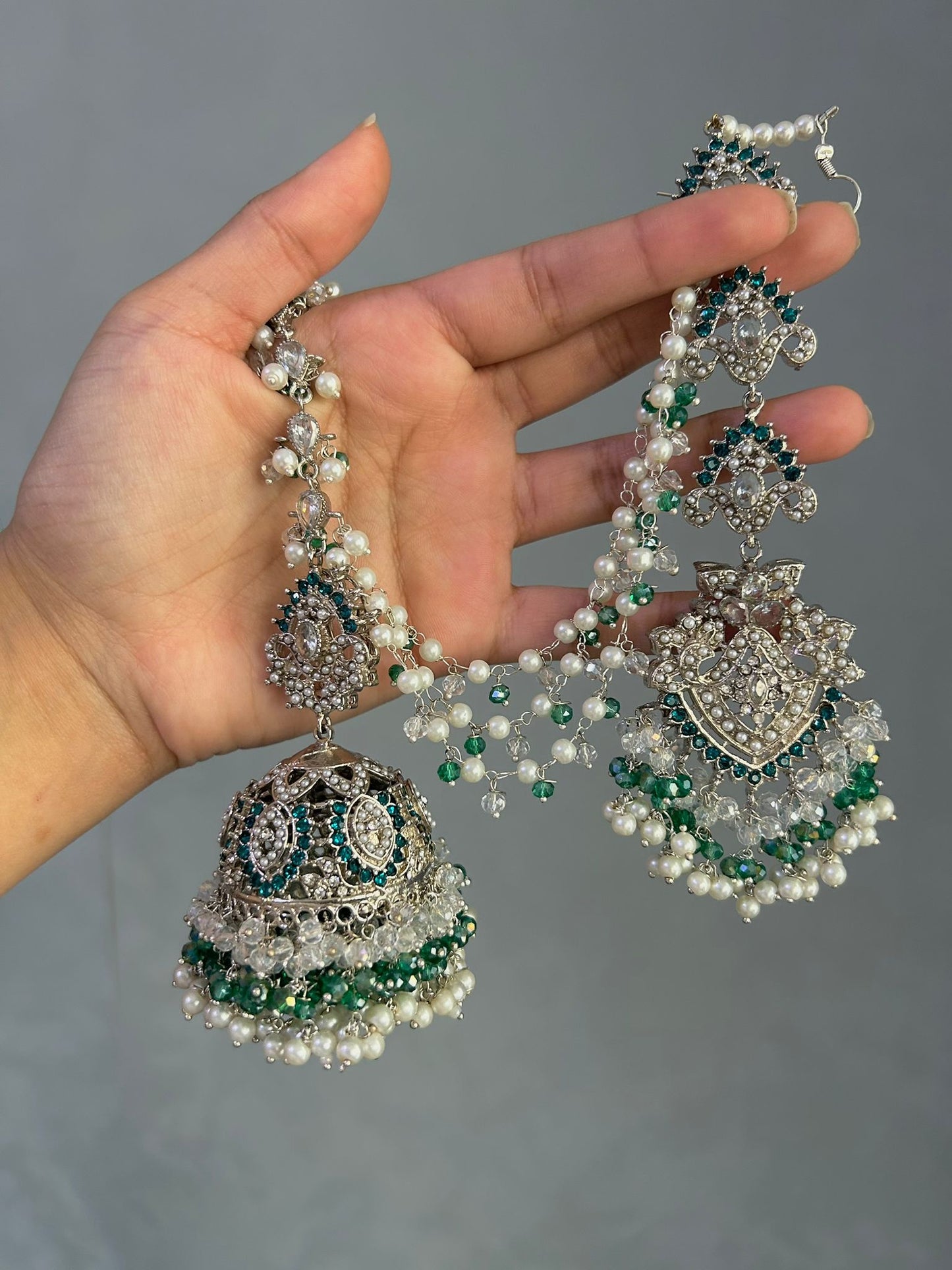 Natalia earring & tikka set ~ silver&blue-green shades