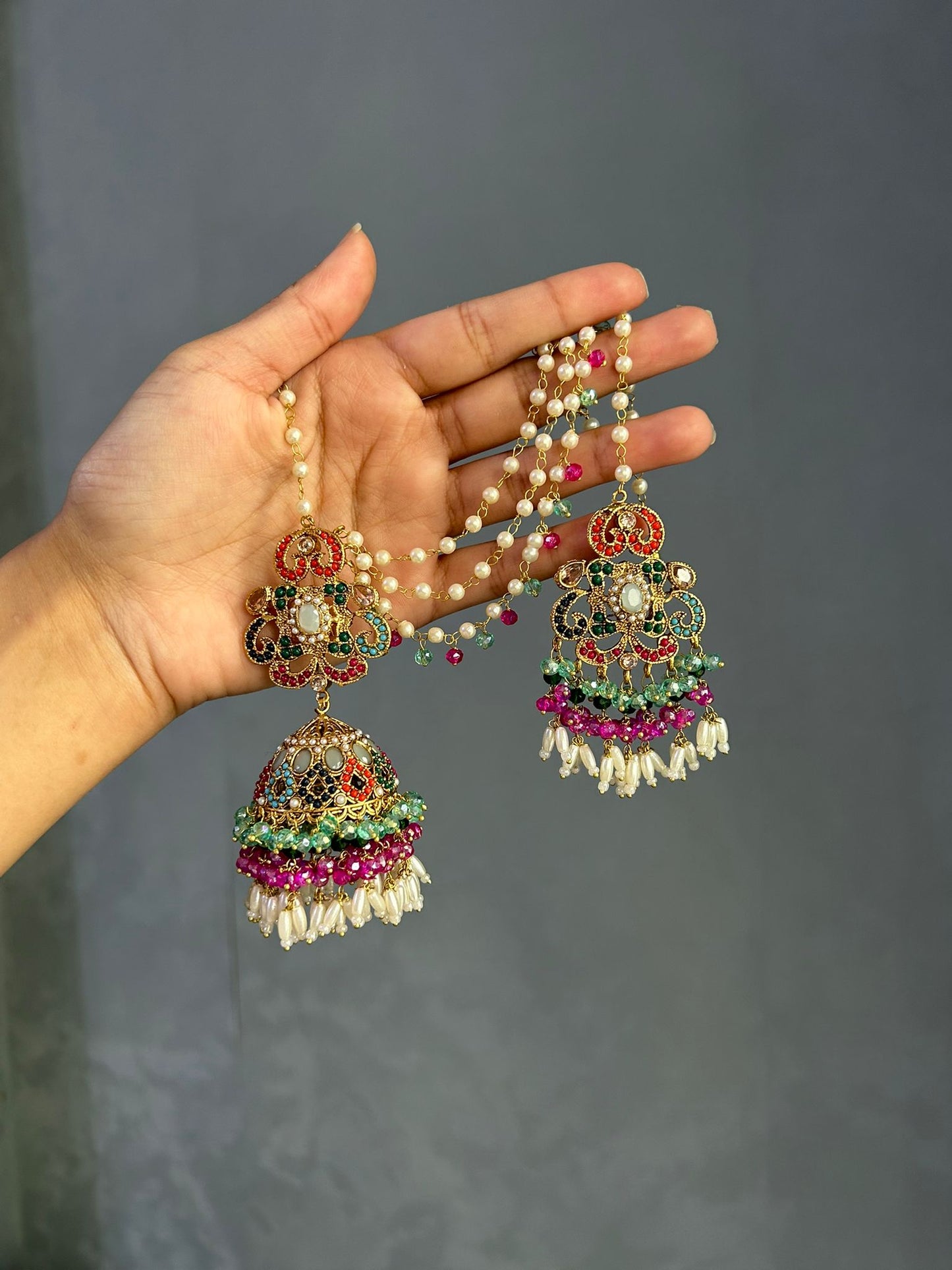 Amna earring & tikka set ~ Aqua&Fuschia