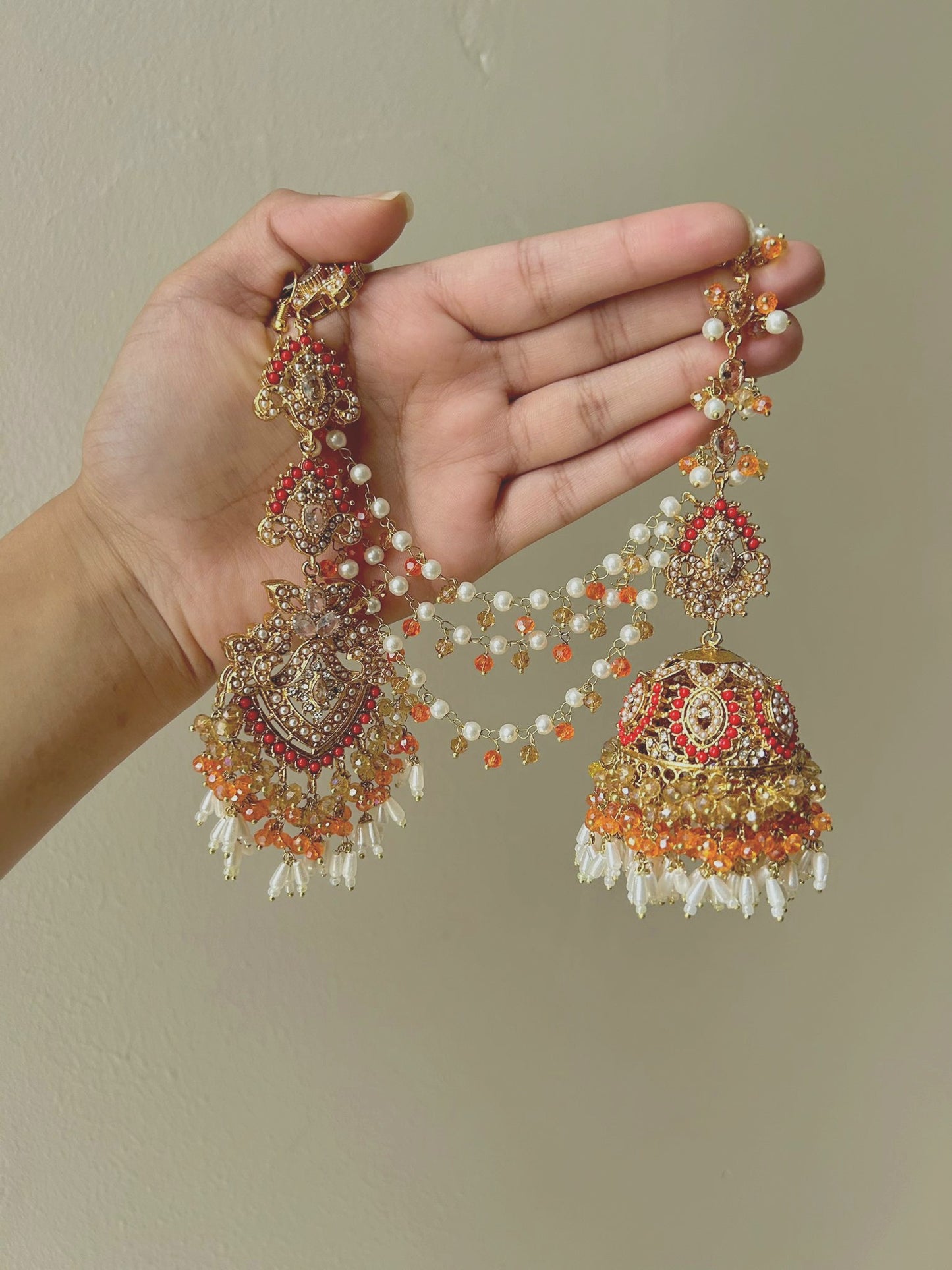 Natalia earring & tikka set ~ orange&red