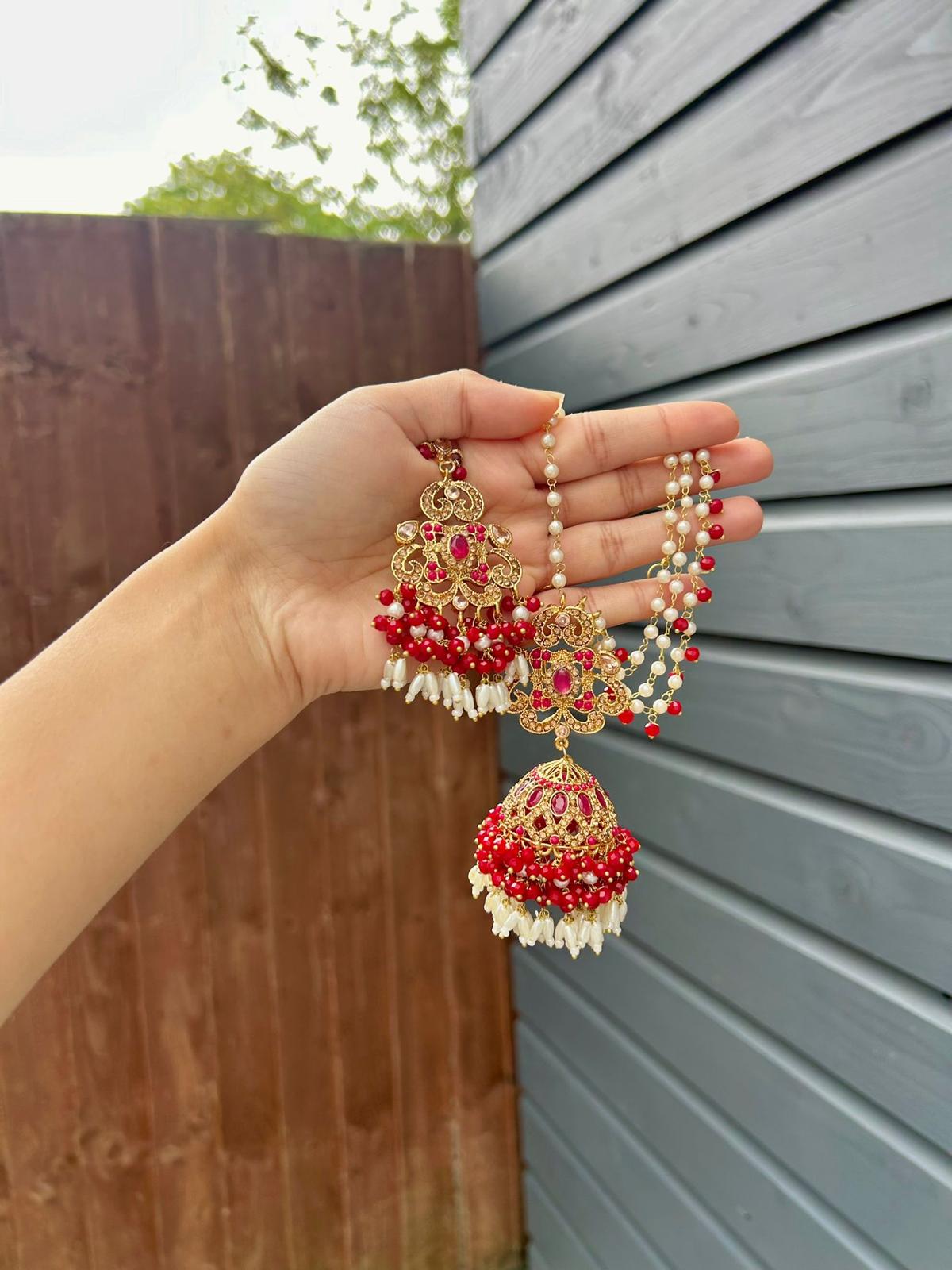 Amna earring & tikka set ~ Red