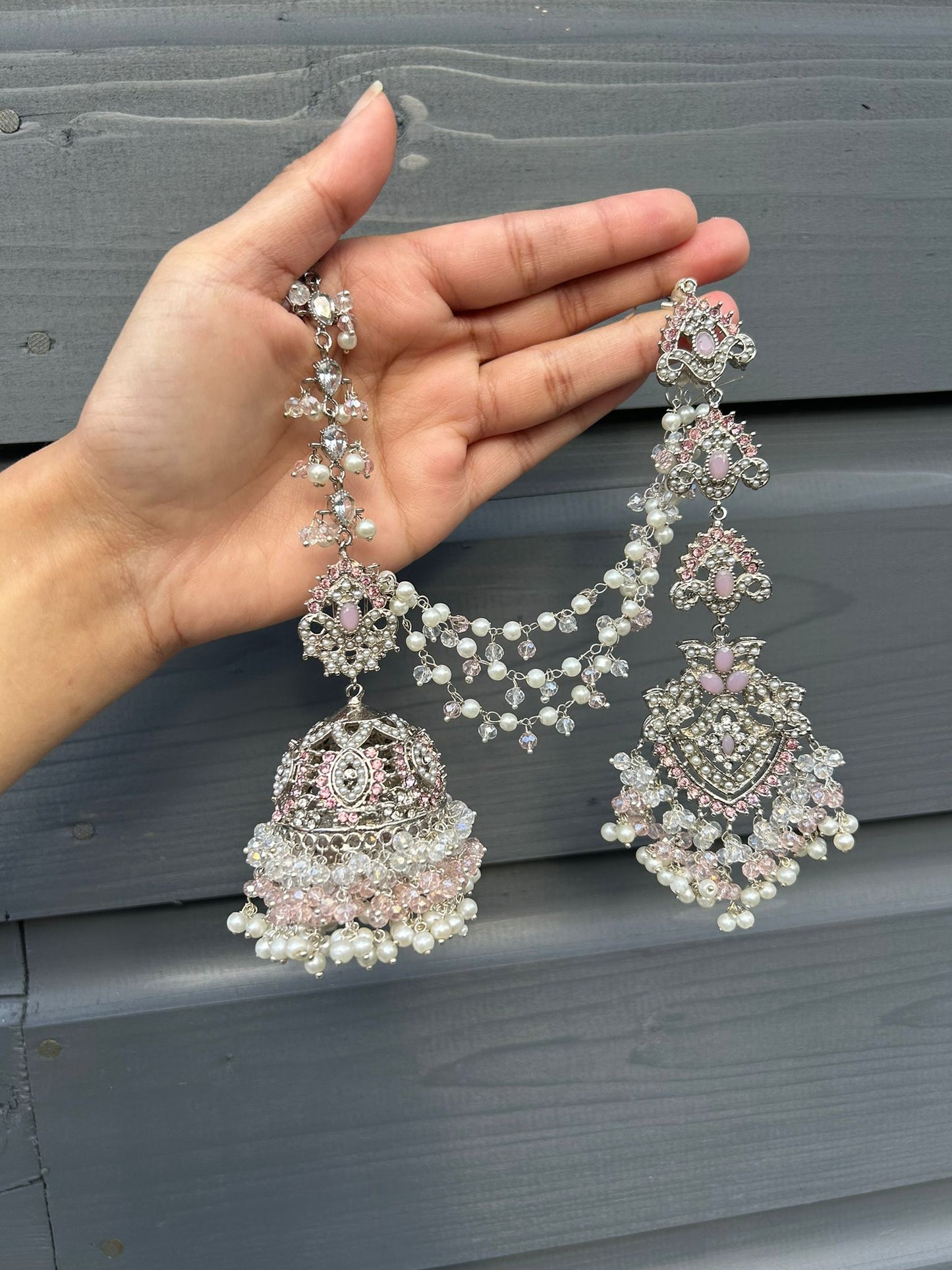 Natalia earring & tikka set ~ silver&baby pink