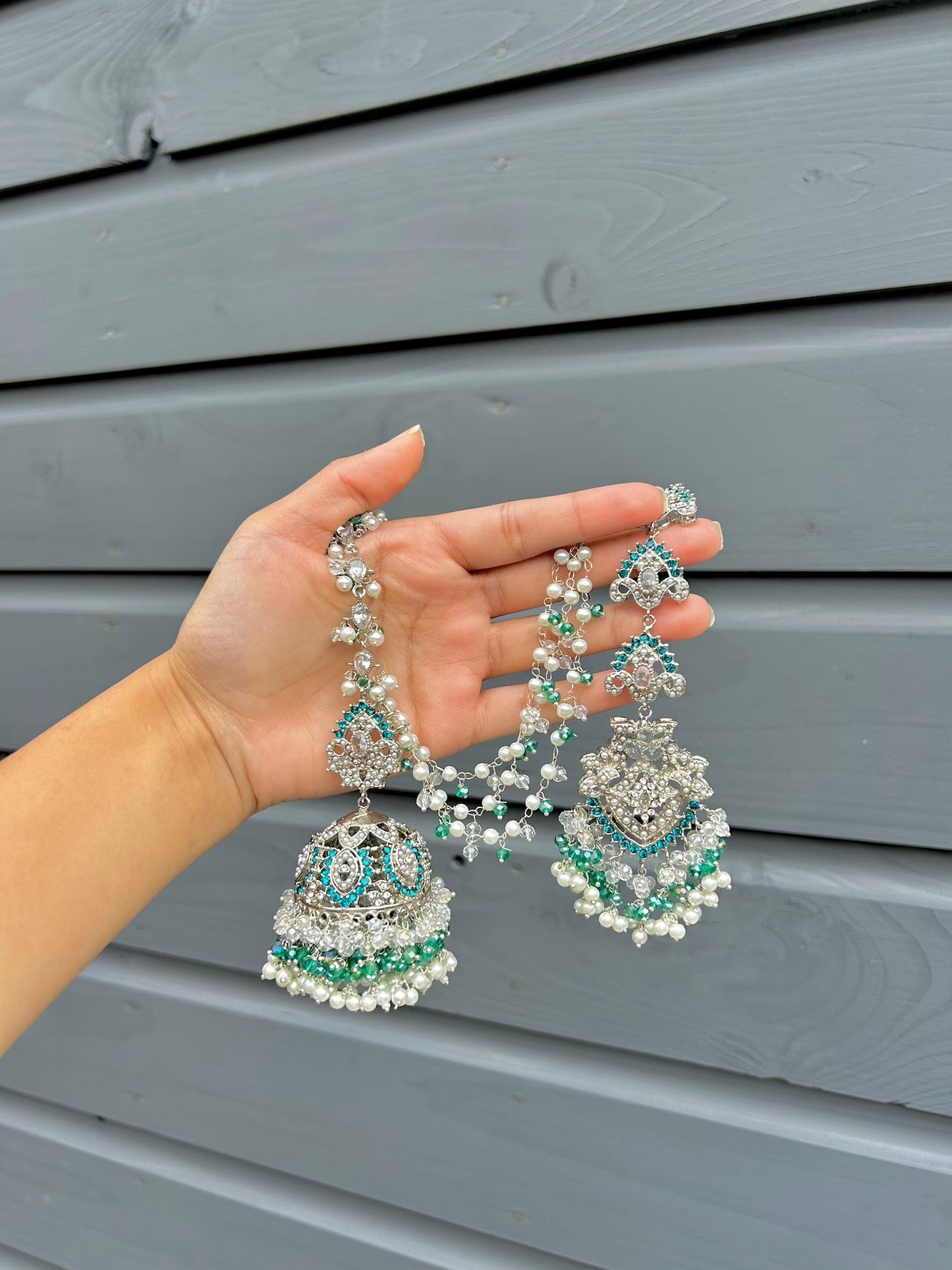 Natalia earring & tikka set ~ silver&blue-green shades