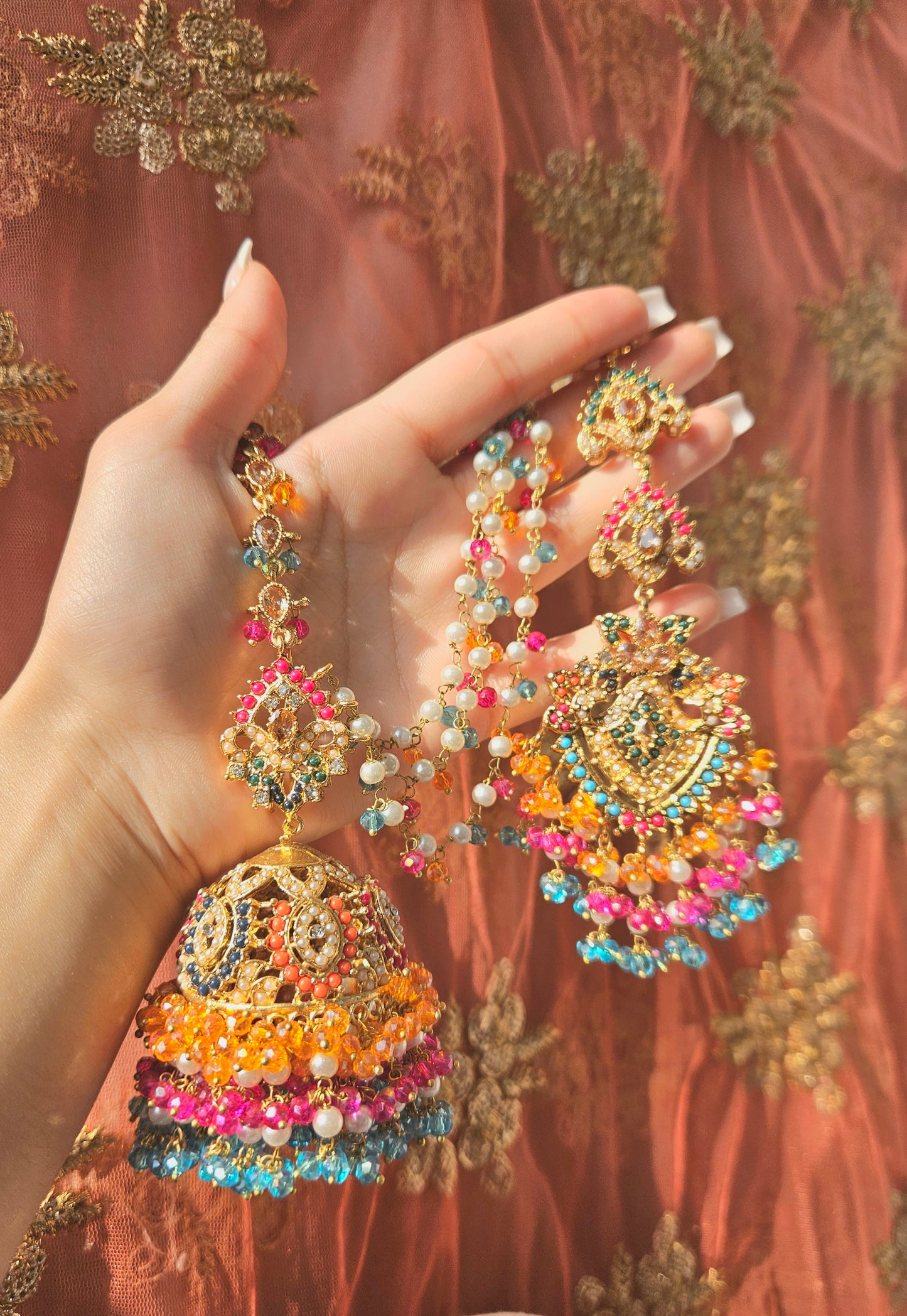 Natalia earring & tikka set ~ Orange, Pink & Blue multi