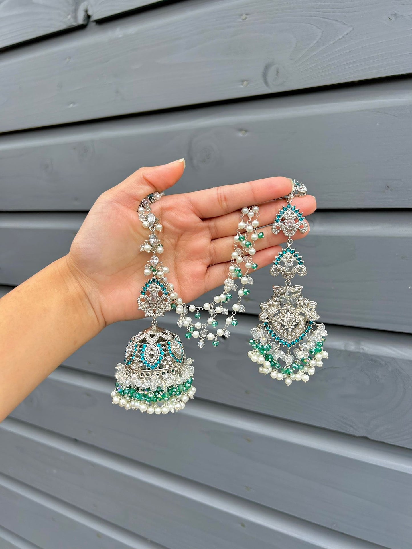 Natalia earring & tikka set ~ silver&blue-green shades