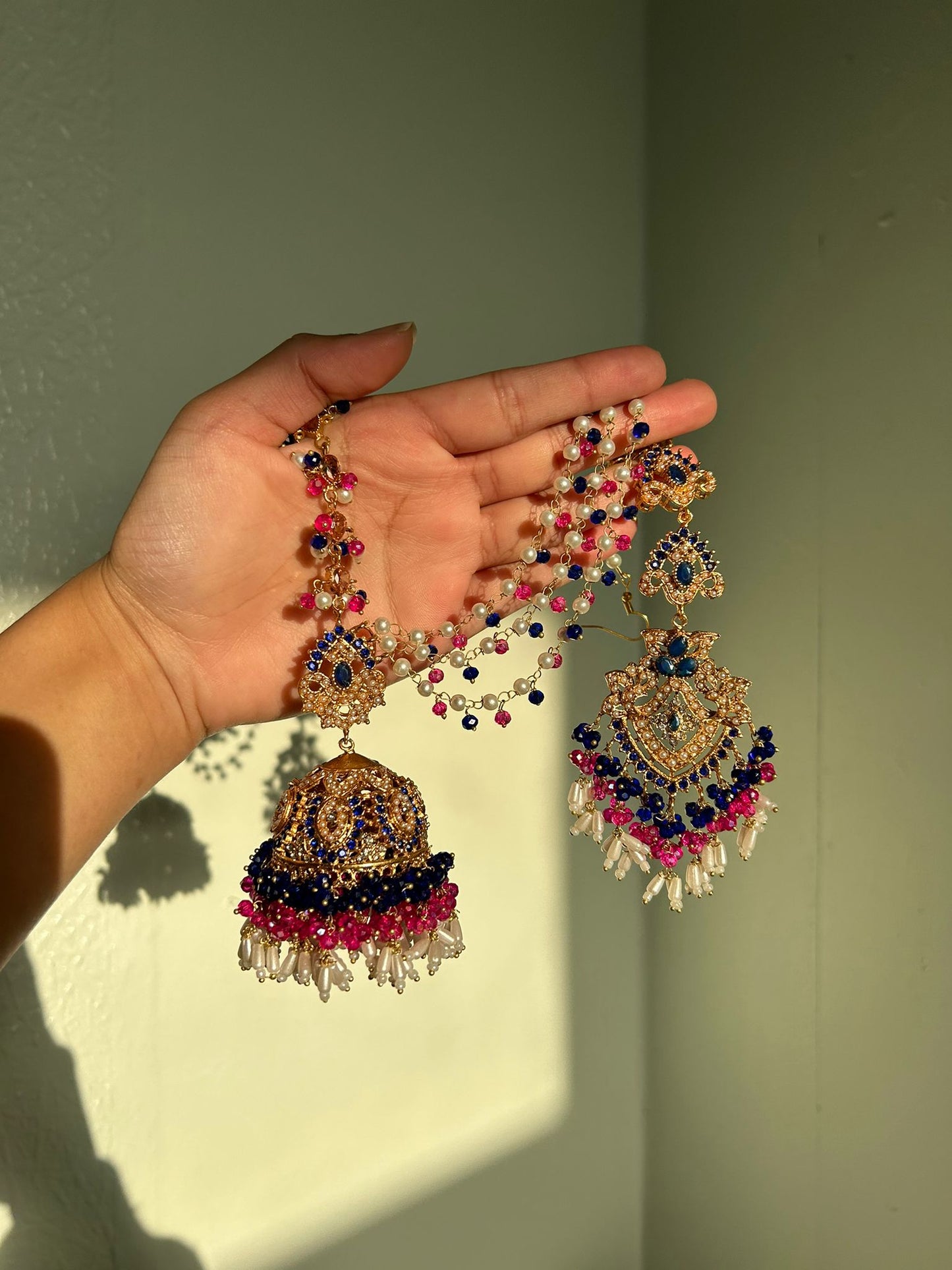 Natalia earring & tikka set ~ pink&royal blue