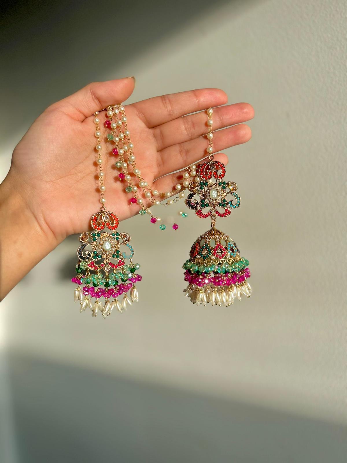 Amna earring & tikka set ~ Aqua&Fuschia