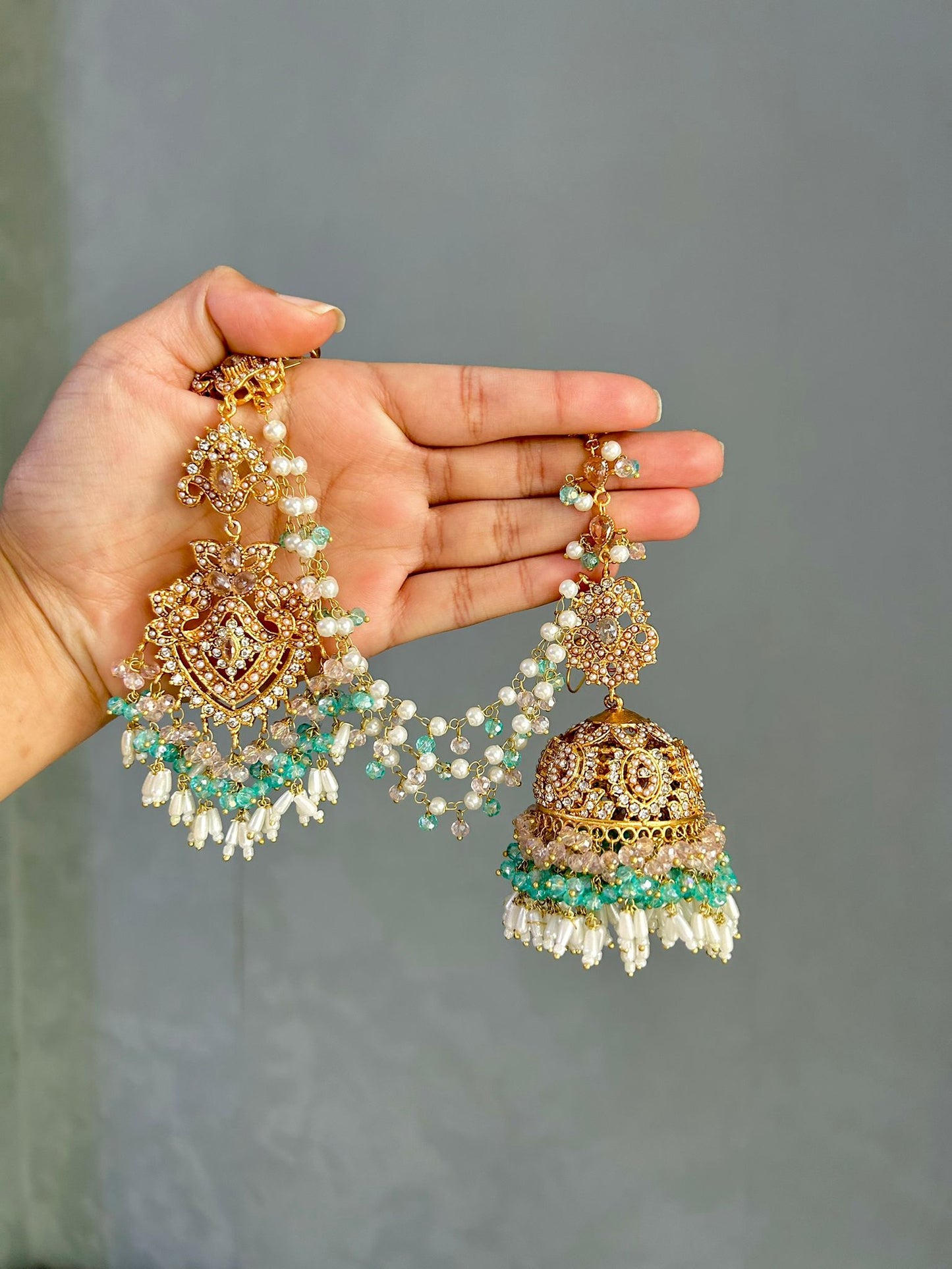 Natalia earring & tikka set ~ baby pink&aqua