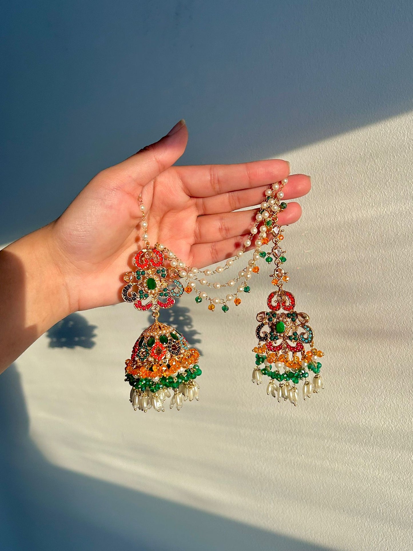 Amna earring & tikka set ~ Green&Orange