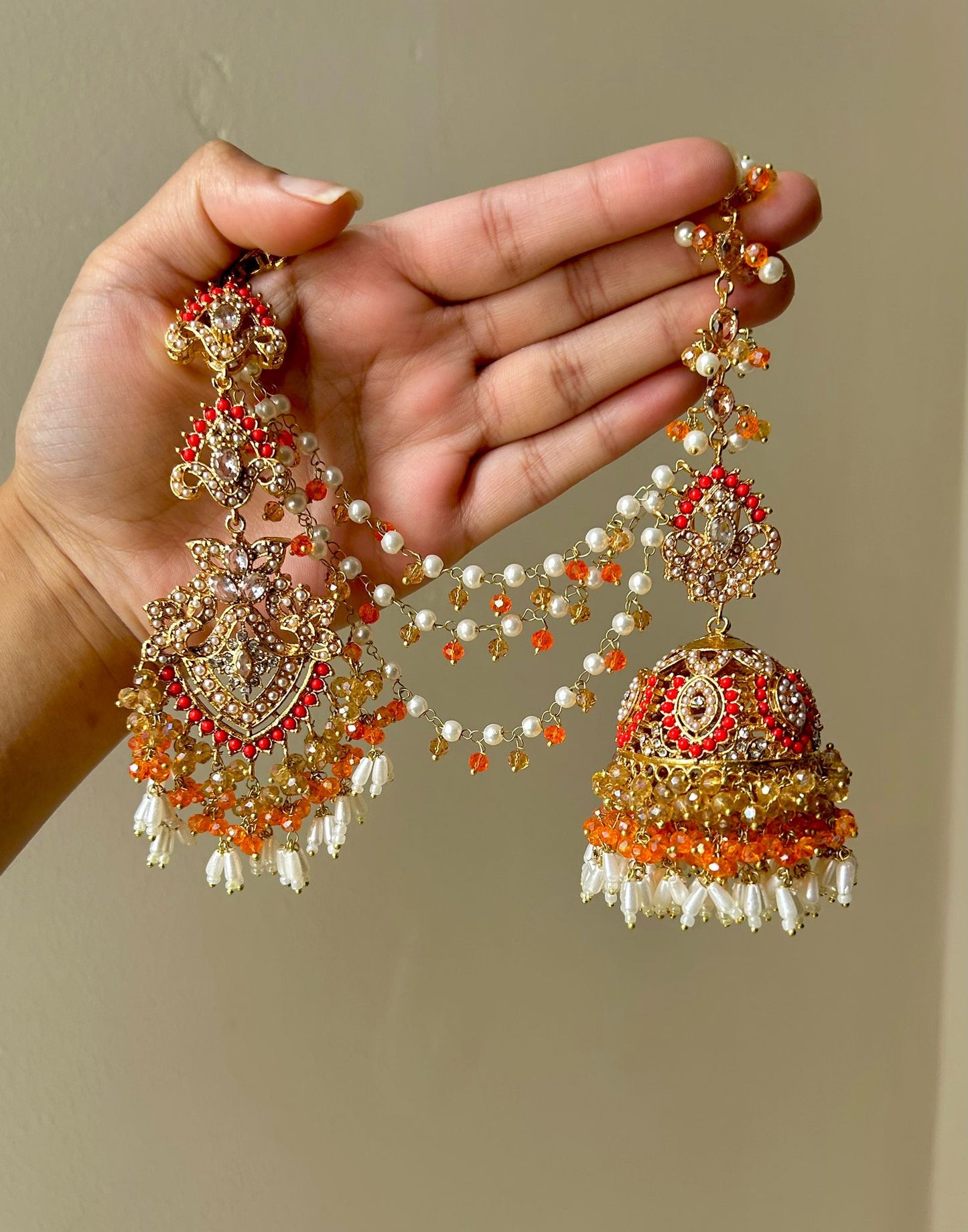 Natalia earring & tikka set ~ orange&red