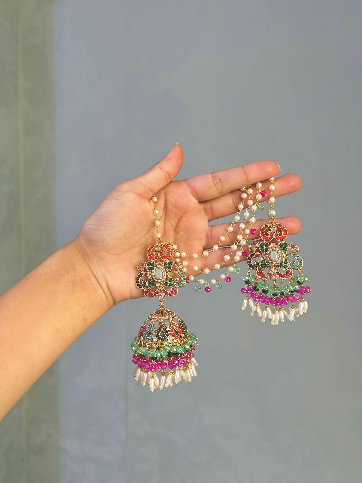 Amna earring & tikka set ~ Aqua&Fuschia